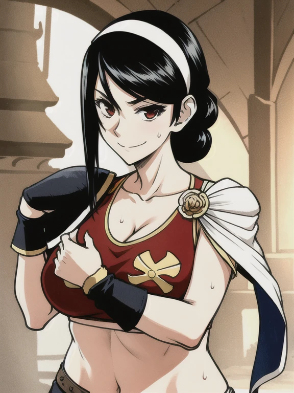 MarArtistA,black hair,side bang, red eyes,hair behind ears, low hair bun, hair band, logo,martial arts top, shoulder pad,combat gloves, ribbon,cleavage,smile,sweat,,cross-body stretch,streching,maturefemale,(emotionless:0), hands down along her body, smile , background is medieval town, background medieval town, with stone buildings and food stands ,(breasts out:0),(nipples:0),detailed eyes,confident