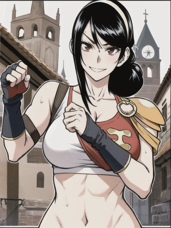 MarArtistA,black hair,side bang, red eyes,hair behind ears, low hair bun, hair band, logo,martial arts top, shoulder pad,combat gloves, ribbon,cleavage,smile,sweat,,cross-body stretch,streching,maturefemale,(emotionless:0), hands down along her body, smile , background is medieval town, background medieval town, with stone buildings and food stands ,(breasts out:0),(nipples:0),detailed eyes,confident