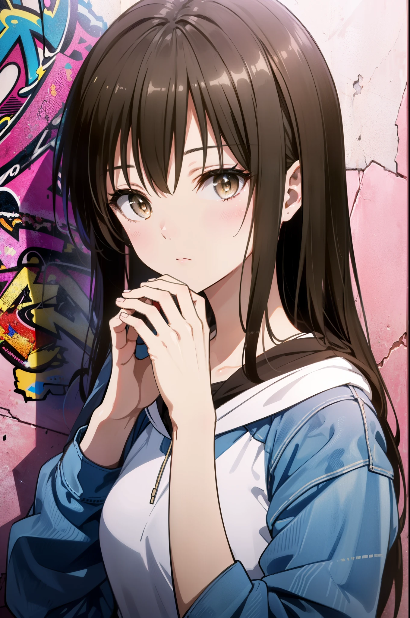 yuikotegawa, Yui Kotegawa, Black Hair, (Brown eyes:1.5), Long Hair,Baseball hats,Oversized hoodie,Oversized jeans,High-top sneakers,Graffiti wall,Against the wall,whole bodyがイラストに入るように,
break outdoors, In town,Alley,
break looking at viewer, whole body,
break (masterpiece:1.2), highest quality, High resolution, unity 8k wallpaper, (figure:0.8), (Beautiful fine details:1.6), Highly detailed face, Perfect lighting, Highly detailed CG, (Perfect hands, Perfect Anatomy),