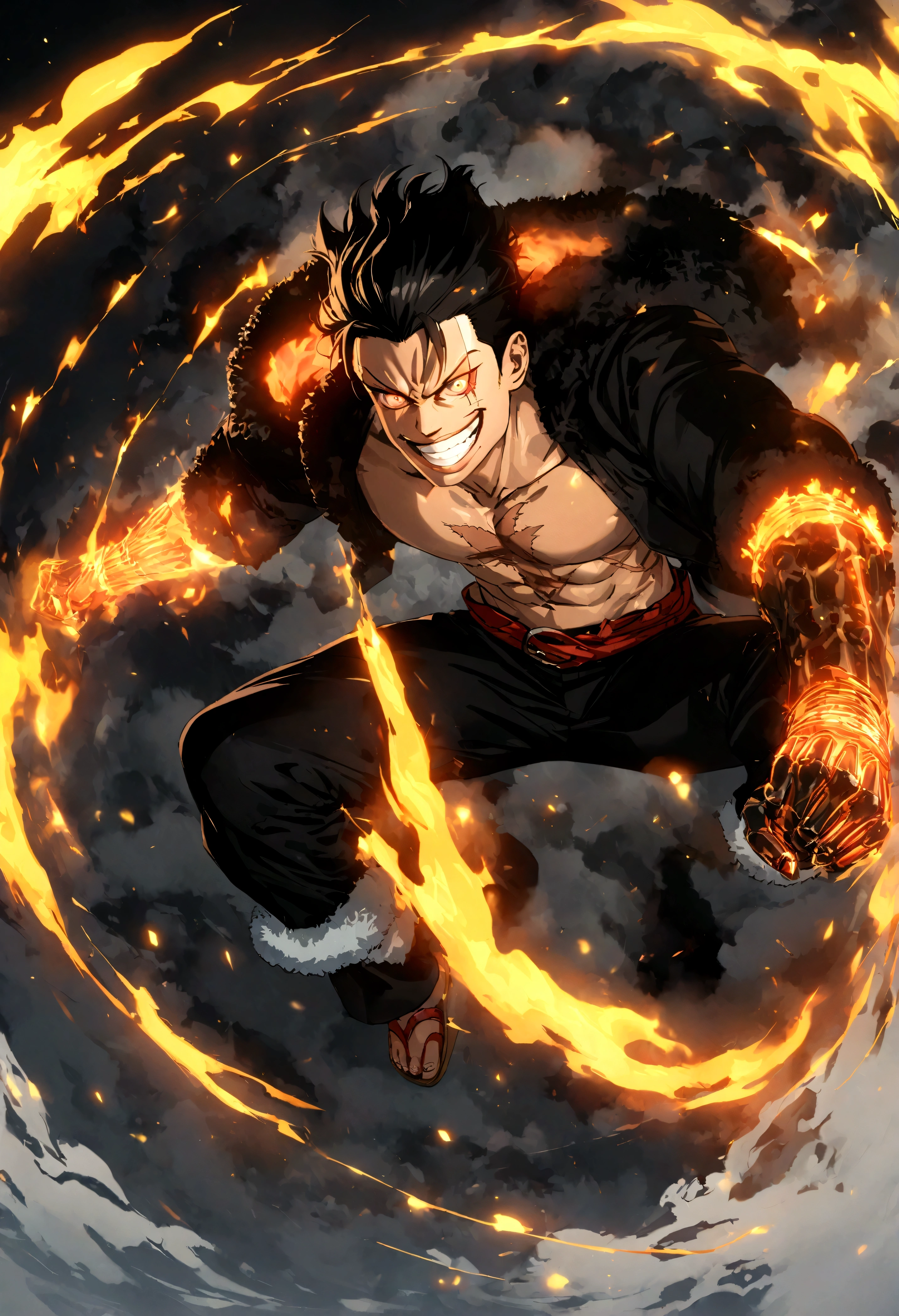 Full body shot,Monkey D. Luffy,Gear fourth,black hair,armor,dark skin,an evil grin on his face,eyes glow blue, wearing a pair of huge gloves and holding a fist,dynamic pose,smile,male focus,shorts,teeth,grin,scar,sandals,(straw hat:1.1),stitches,skeleton,bone,scar on chest,Fire, well-developed muscles, pectoral and abdominal muscles,grey mist swirling around him,swirling smoke effects on a smoke background,high resolution with high contrast, cinematic lighting, vibrant colors, sharp focus and high detail.,unreal engine 5,panorama,Full body,Cyberpunk,Kodak Ektachrome E100,Kodak Portra 160,Kodak Ektar 100,Kodak Portra 400,Wong Kar-wai
