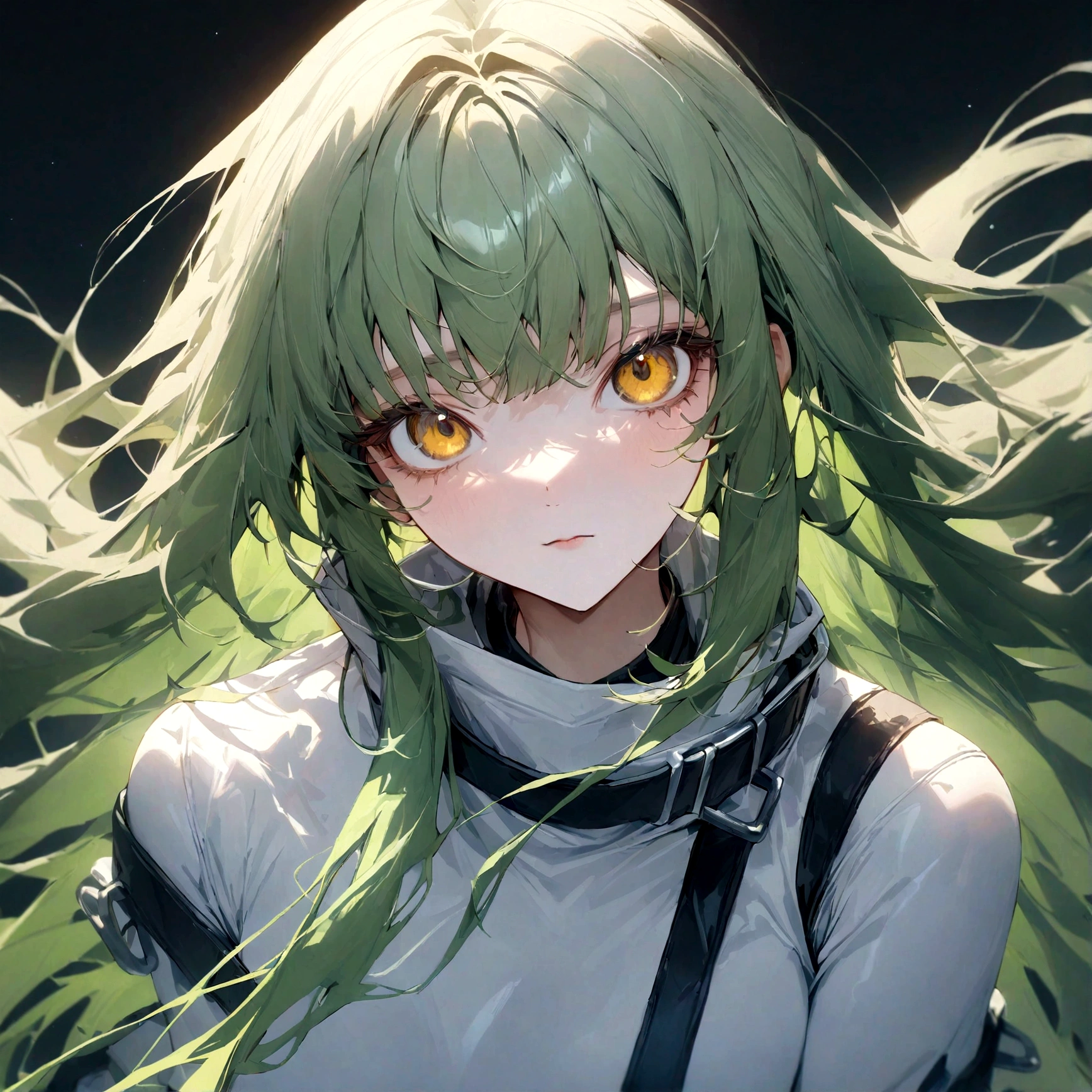 long hair,looking at viewer,bangs,closed mouth,yellow eyes,green hair,bodysuit,upperbody,white bodysuit,straitjacket,c.c. best quality, newest, aesthetic,very aesthetic,