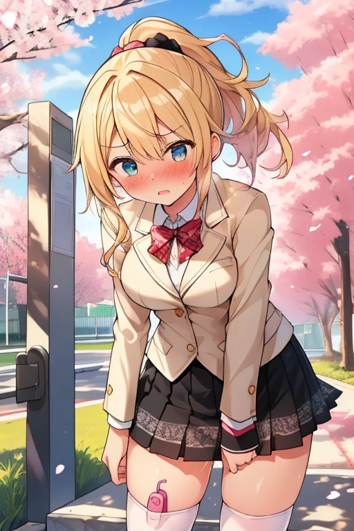 ((( masterpiece, highest quality))), ((girl)),、Browsing Caution、at close range、cute、blonde、Long Hair、Curly Ponytail、White Blazer、Checked skirt、Put your hands on your crotch:1.4、Knee socks vibrator thighvibe, Black lace panties、Life、anger、anger look、anger、((close)), ((Blushed)),,,Sweat、Perfect lighting、Natural light、Perfect composition、school gate、cherry blossoms
