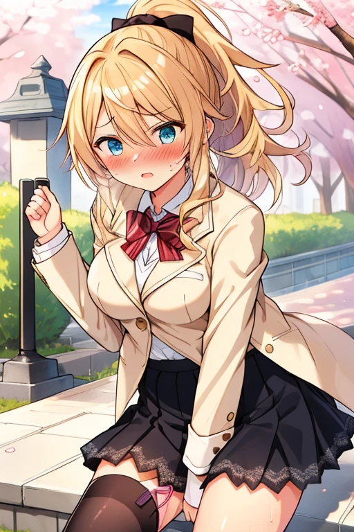 ((( masterpiece, highest quality))), ((girl)),、Browsing Caution、at close range、cute、blonde、Long Hair、Curly Ponytail、White Blazer、Checked skirt、Put your hands on your crotch:1.4、Knee socks vibrator thighvibe, Black lace panties、Life、anger、anger look、anger、((close)), ((Blushed)),,,Sweat、Perfect lighting、Natural light、Perfect composition、school gate、cherry blossoms
