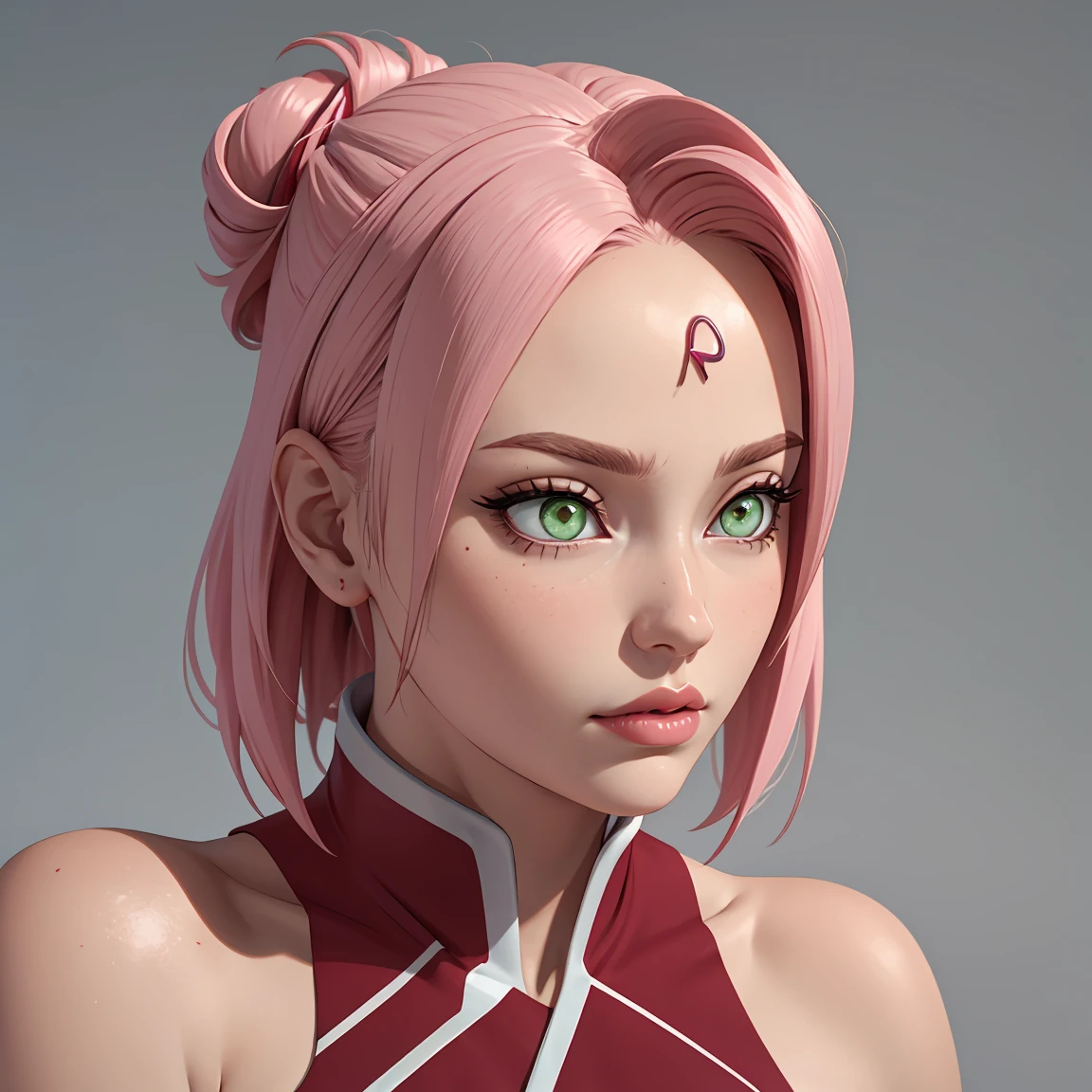 young woman, bubblegum pink hair tied in a bun, wide forehead, porcelain skin, pink eyebrows, emerald green eyes, upturned nose, thick pink lips, heart-shaped face, dark red clothes, Sakura Haruno, realism, well detailed, 3d
