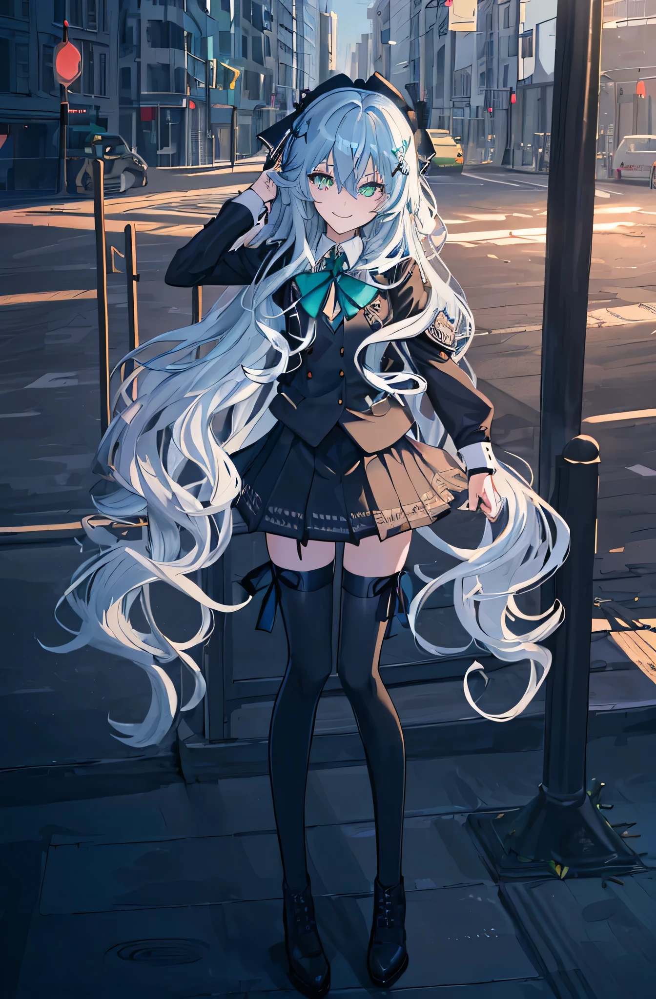 city background,original,(illustration:1.1),(best quality),(masterpiece:1.1),(extremely detailed CG unity 8k wallpaper:1.1), (colorful:0.9),(mid shot:0.95),(highly detailed beautiful face and body),(solo:1.2), (girl),(((adult))), (detailed beautiful eyes:1.15), (beautiful face:1.15), (glowing green eyes:1.25////),((jewel-like eyes)),(petite),(cute girl),(((blue long hair))),((blue long hair)),(wavy hair),((wavy hair)),(+perfect hand+:1.21),(gothic school uniform),(Religious),(slender),(black clothes),(gothic ribbon),ribbon tie,small breasts,miniskirt,gothic boots,black thighhighs,slim body,(evil smile),detailed background,city street,eluding,erotic thighs,
