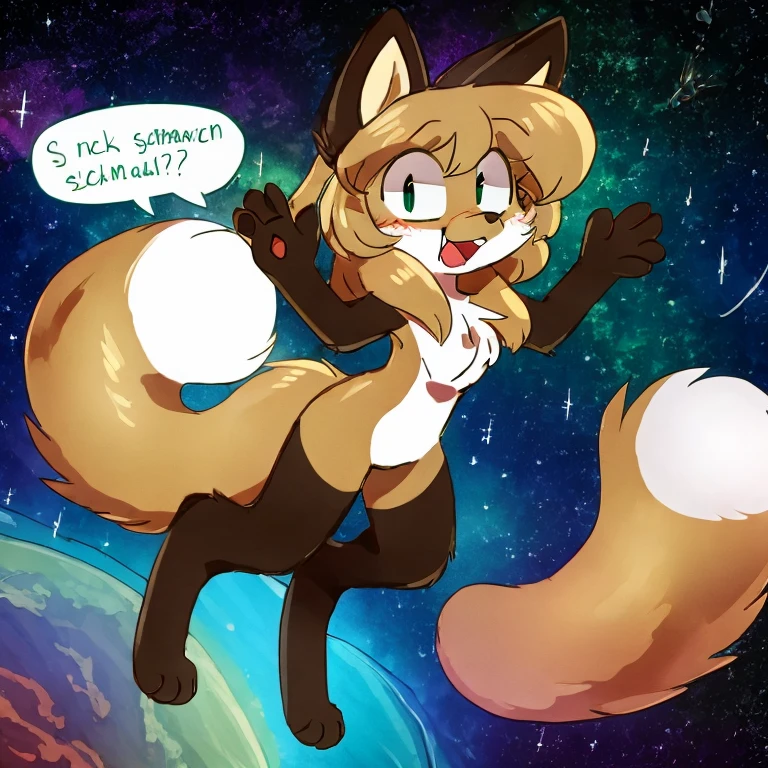 Nervous smiling, uploaded the e621, space background, in space, floating in space, beautiful and detailed, woman (((female))) ((anthro)) Fox, (Averi, Fox girl), cinematic lighting, Fox, (anthro, fluffy fur, character focus:1.1), 1girl, anthro fox girl, body fur, curvy, sexy, nice, cute, hot, comfortable anime-style cartoon-style, digital drawing, fully open eyes, green eyes, SFW, flat chest, speech bubble, multiple speech bubbles, mid air, leaning backwards, looking happy, waving, one leg up, floating mid air, floating, flying