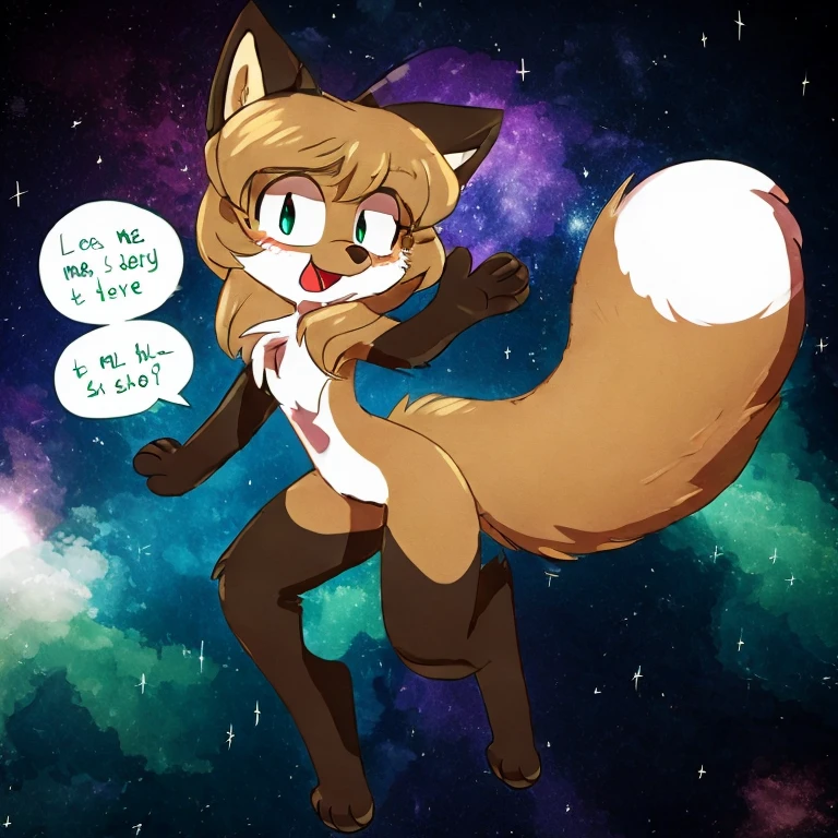 Nervous smiling, uploaded the e621, space background, in space, floating in space, beautiful and detailed, woman (((female))) ((anthro)) Fox, (Averi, Fox girl), cinematic lighting, Fox, (anthro, fluffy fur, character focus:1.1), 1girl, anthro fox girl, body fur, curvy, sexy, nice, cute, hot, comfortable anime-style cartoon-style, digital drawing, fully open eyes, green eyes, SFW, flat chest, speech bubble, multiple speech bubbles, mid air, leaning backwards, looking happy, waving, one leg up, floating mid air, floating, flying