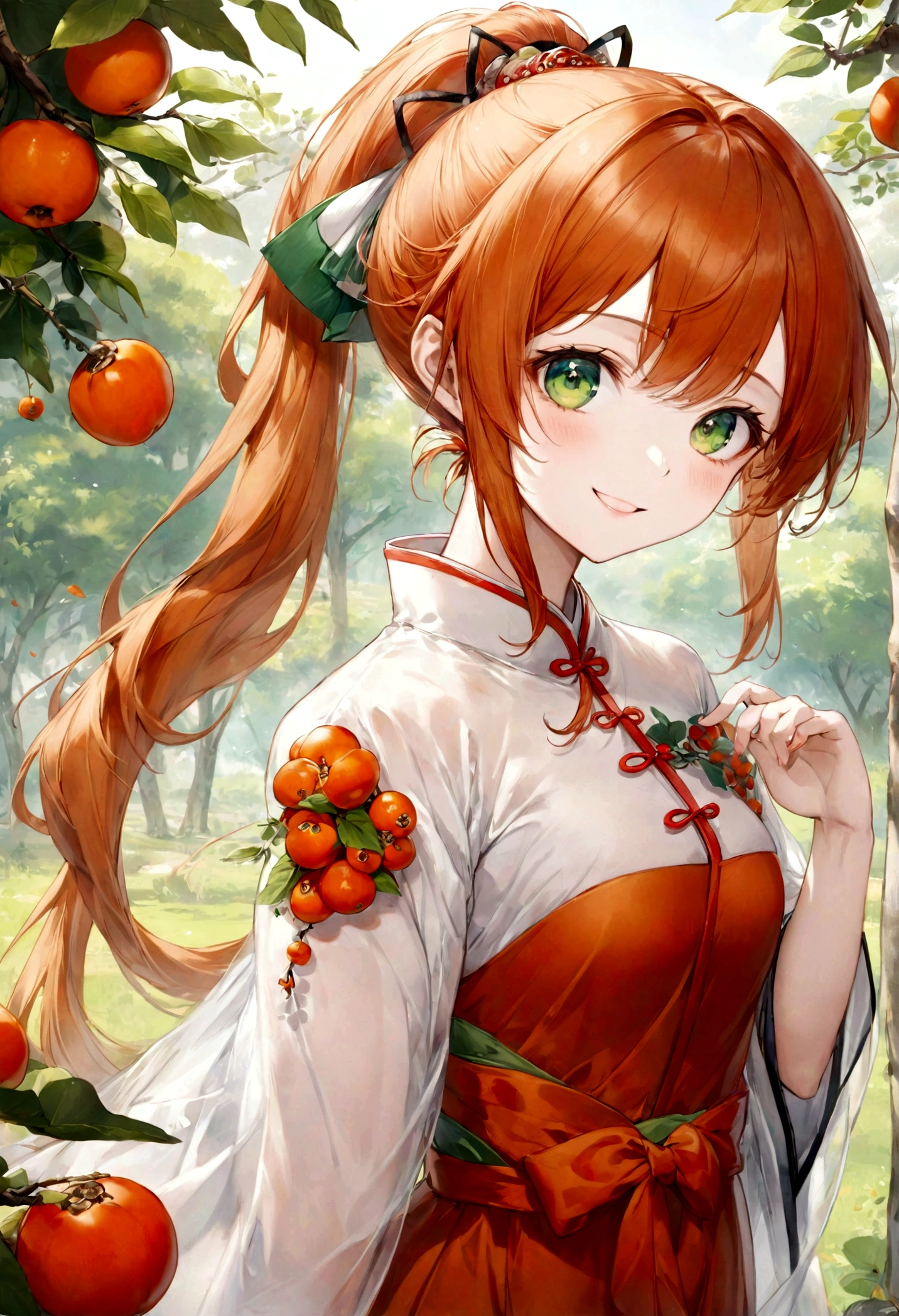 ((top-quality)), ((​masterpiece)), ((ultra-detailliert)), (extremely delicate and beautiful), bright orange hair, long straight hair, long ponytail, spring green eyes, persimmon trees in the background, sheer silky qixiong ruqun, traditional chinese dress, mischievous smile, beautiful woman, cheerful
