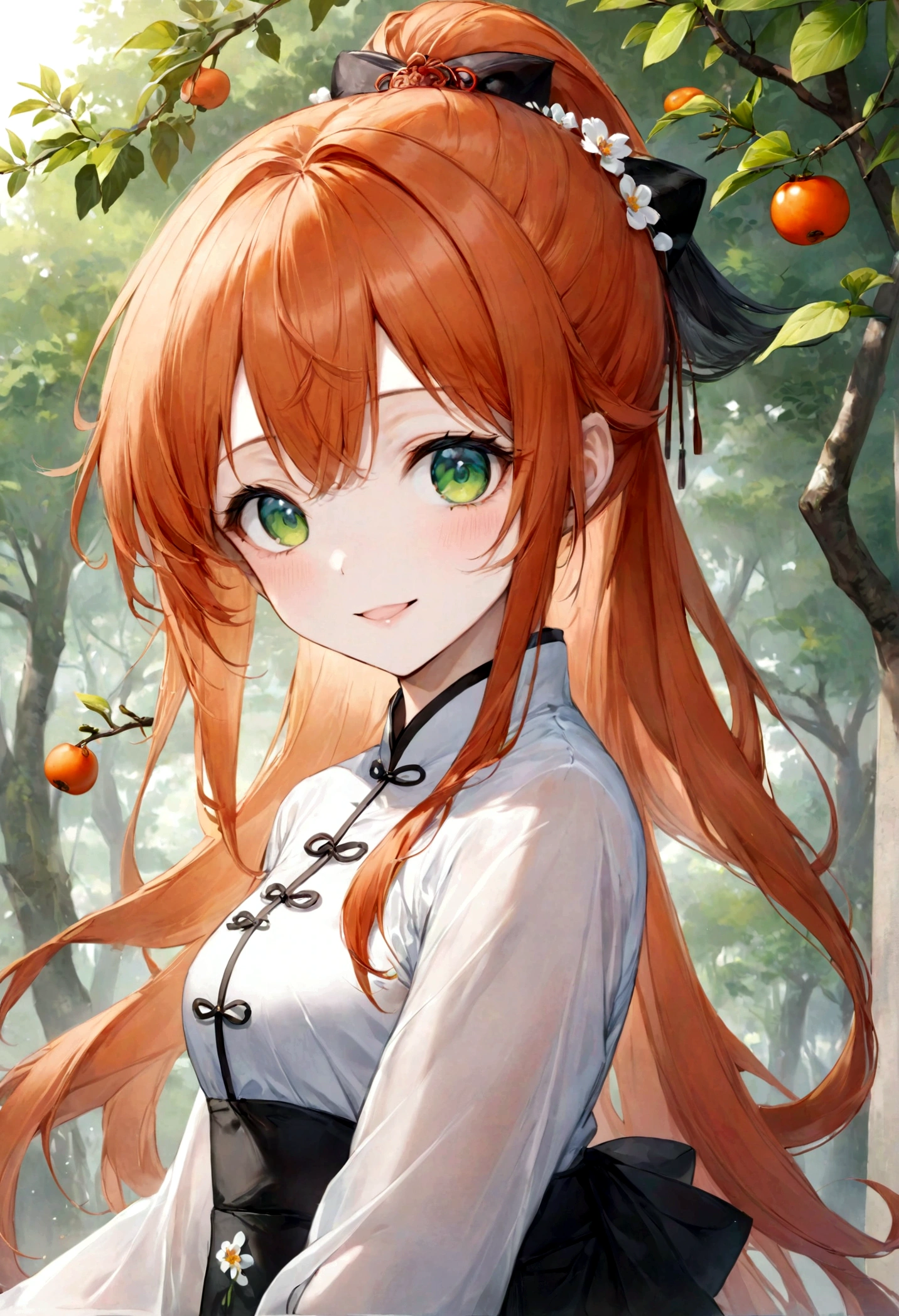 ((top-quality)), ((masterpiece)), ((ultra-detailliert)), (extremely delicate and beautiful), bright orange hair, long straight hair, long ponytail, spring green eyes, persimmon trees in the background, sheer silky qixiong ruqun, traditional chinese dress, mischievous smile, beautiful woman, cheerful