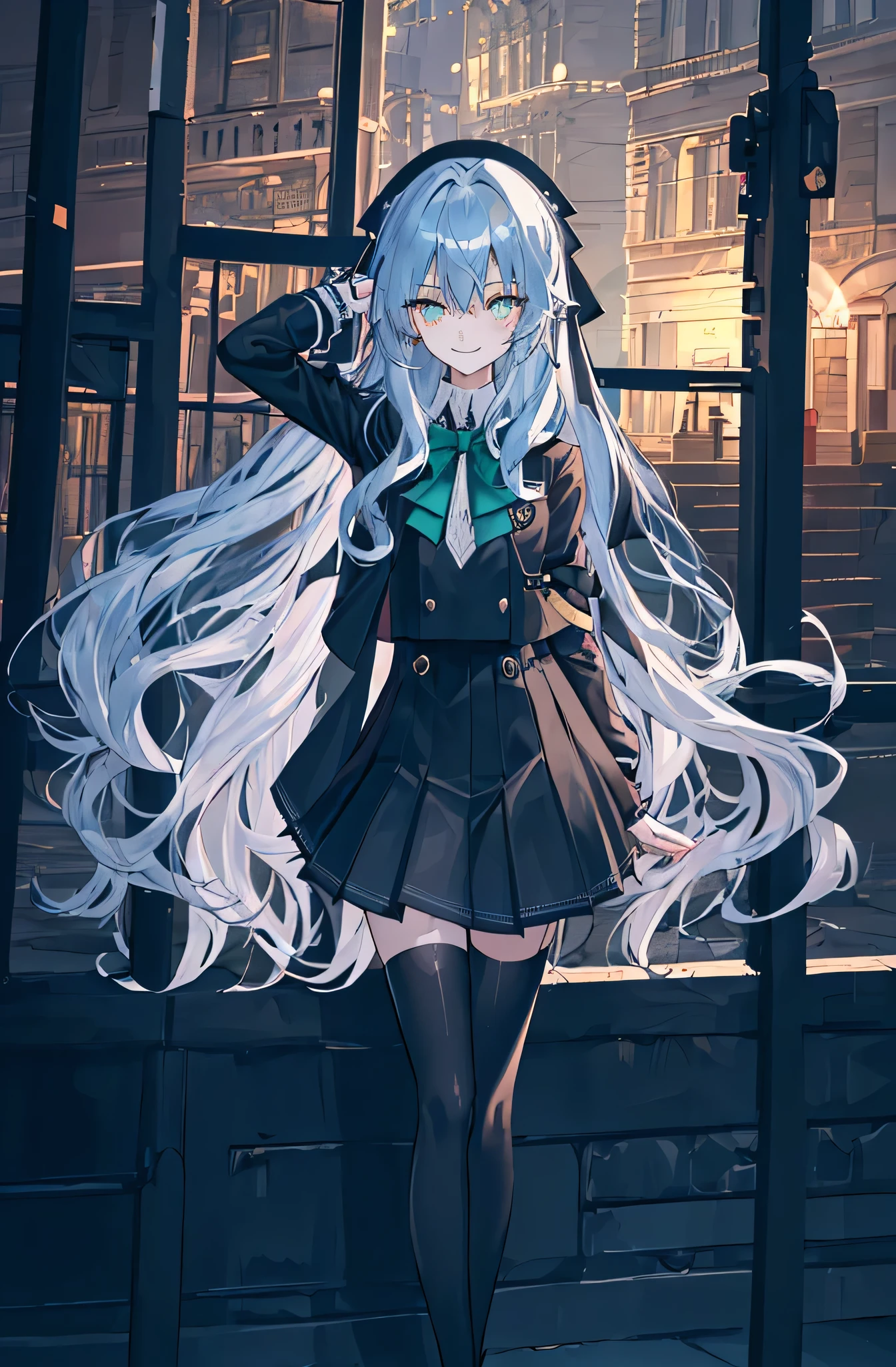 city background,original,(illustration:1.1),(best quality),(masterpiece:1.1),(extremely detailed CG unity 8k wallpaper:1.1), (colorful:0.9),(mid shot:0.95),(highly detailed beautiful face and body),(solo:1.2), (girl),(((adult))), (detailed beautiful eyes:1.15), (beautiful face:1.15), (glowing green eyes:1.25////),((jewel-like eyes)),(petite),(cute girl),(((blue long hair))),((blue long hair)),(wavy hair),((wavy hair)),(+perfect hand+:1.21),(gothic school uniform),(Religious),(slender),(black clothes),(gothic ribbon),ribbon tie,small breasts,miniskirt,gothic boots,black thighhighs,slim body,(evil smile),detailed background,city street,eluding,erotic thighs,