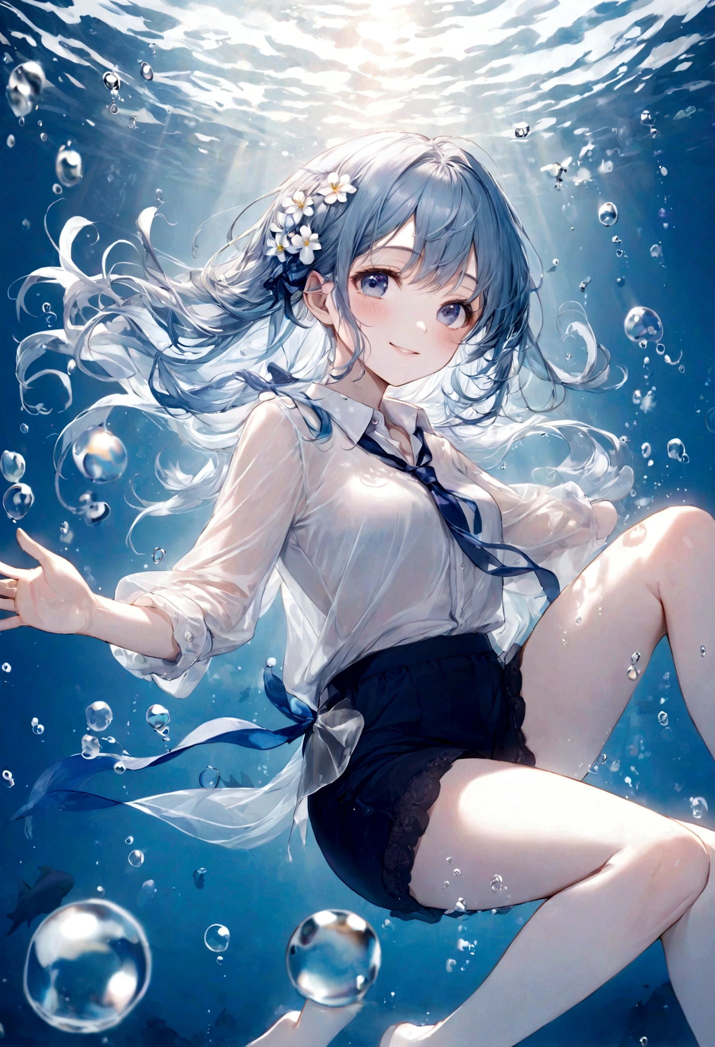 ((top-quality)), ((​masterpiece)), ((ultra-detailliert)), (extremely delicate and beautiful), bright sky blue hair, watery hair, bright sapphire eyes, fair skin, beautiful woman, sheer white shirt, sheer silky navy shorts, navy blue ribbon ties, pearl decorations, underwater world, cold background, air bubbles, water bubbles, underwater, sweet smile, relaxed expression, delicate wavy long hair, blue and white flowers in the water