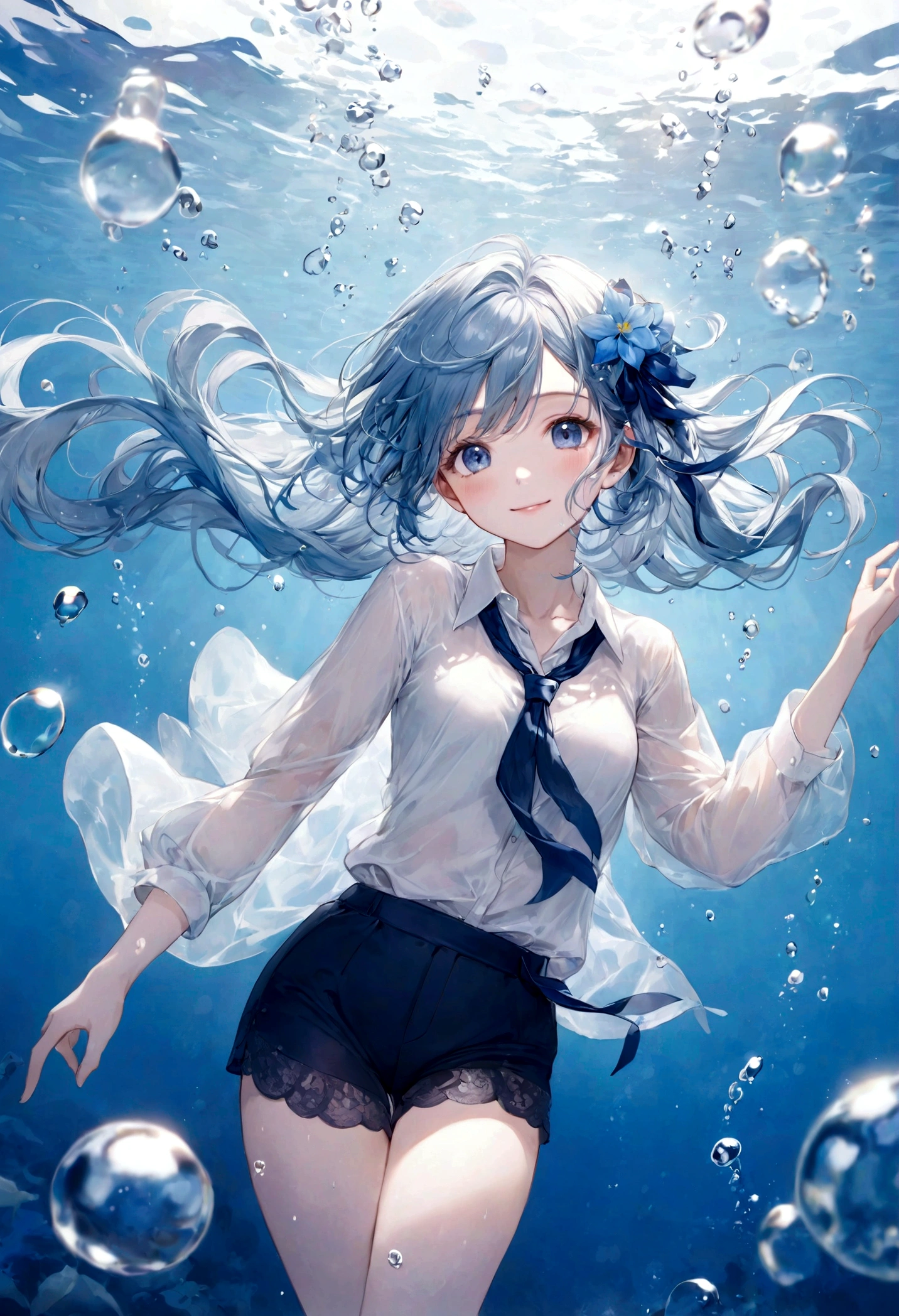 ((top-quality)), ((masterpiece)), ((ultra-detailliert)), (extremely delicate and beautiful), bright sky blue hair, watery hair, bright sapphire eyes, fair skin, beautiful woman, sheer white shirt, sheer silky navy shorts, navy blue ribbon ties, pearl decorations, underwater world, cold background, air bubbles, water bubbles, underwater, sweet smile, relaxed expression, delicate wavy long hair, blue and white flowers in the water