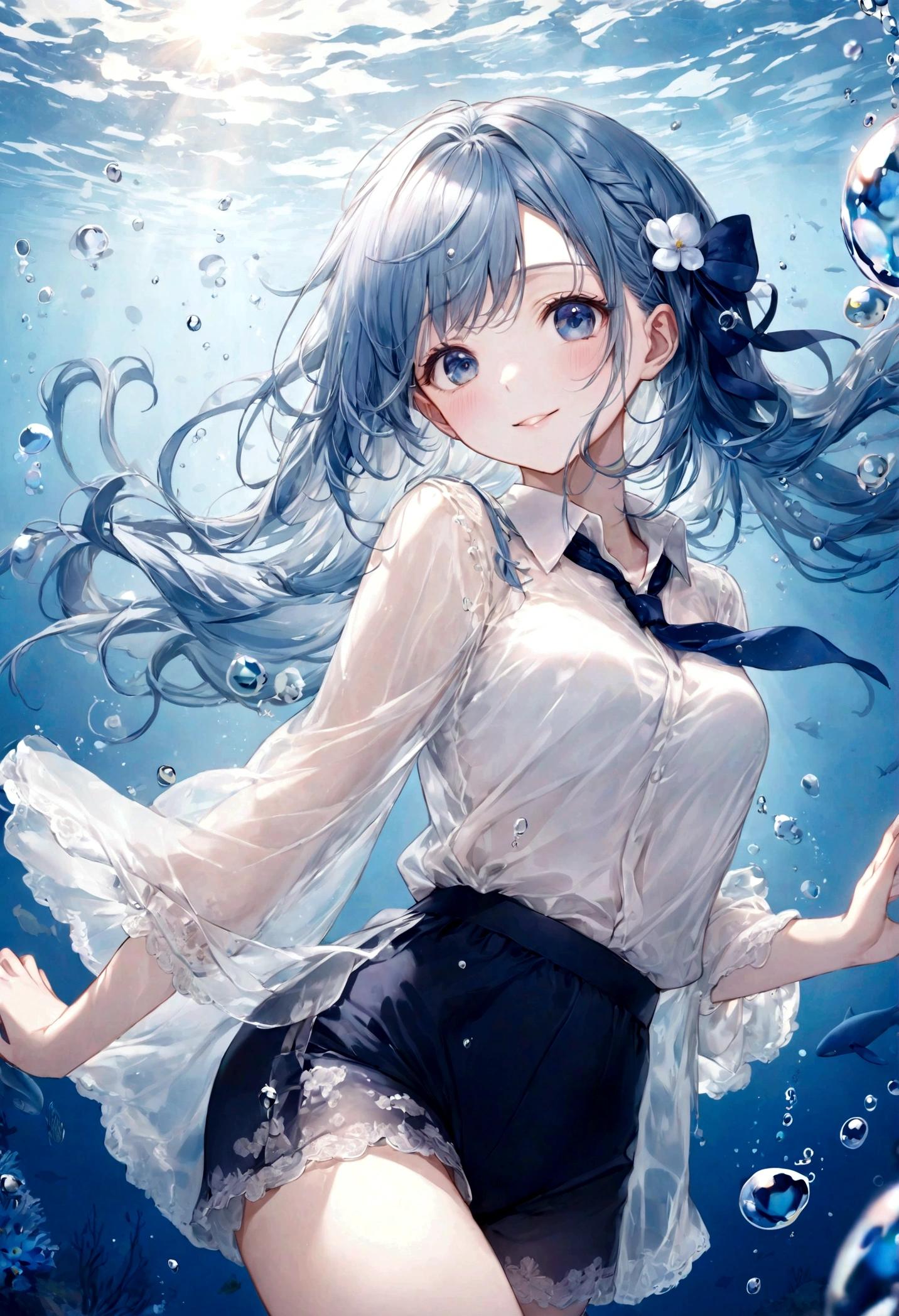((top-quality)), ((masterpiece)), ((ultra-detailliert)), (extremely delicate and beautiful), bright sky blue hair, watery hair, bright sapphire eyes, fair skin, beautiful woman, sheer white shirt, sheer silky navy shorts, navy blue ribbon ties, pearl decorations, underwater world, cold background, air bubbles, water bubbles, underwater, sweet smile, relaxed expression, delicate wavy long hair, blue and white flowers in the water
