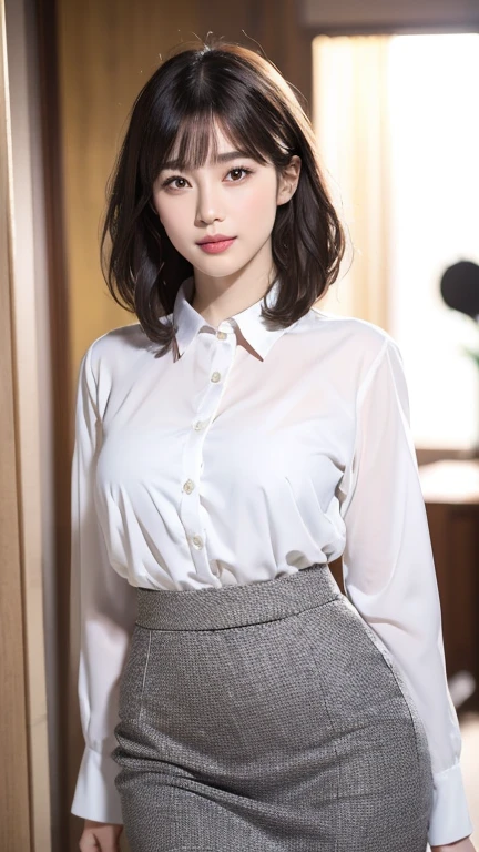 A gorgeous japanese lady, 23-years-old, symmetrical face, detailed facial features, beautiful detailed eyes, beautiful detailed lips, extremely detailed face and eyes, long eyelashes, perfect body proportions, gentle smile, hair is short and styled in a neat, straight bob with bangs that lightly graze her forehead. The hairstyle is simple and chic, complementing her professional attire, Office Lady , tight white translucent shirt, grey mini skirt, natural poses, head to waist, medium to large round breasts, night sky, bokeh background, (best quality,4k,8k,highres,masterpiece:1.2),ultra-detailed,(realistic,photorealistic,photo-realistic:1.37),studio lighting,vivid colors