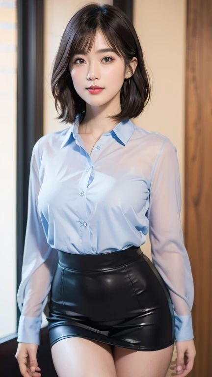 A gorgeous japanese lady, 23-years-old, symmetrical face, detailed facial features, beautiful detailed eyes, beautiful detailed lips, extremely detailed face and eyes, long eyelashes, perfect body proportions, gentle smile, hair is short and styled in a neat, straight bob with bangs that lightly graze her forehead. The hairstyle is simple and chic, complementing her professional attire, Office Lady , tight white translucent shirt, grey mini skirt, natural poses, head to waist, medium to large round breasts, night sky, bokeh background, (best quality,4k,8k,highres,masterpiece:1.2),ultra-detailed,(realistic,photorealistic,photo-realistic:1.37),studio lighting,vivid colors