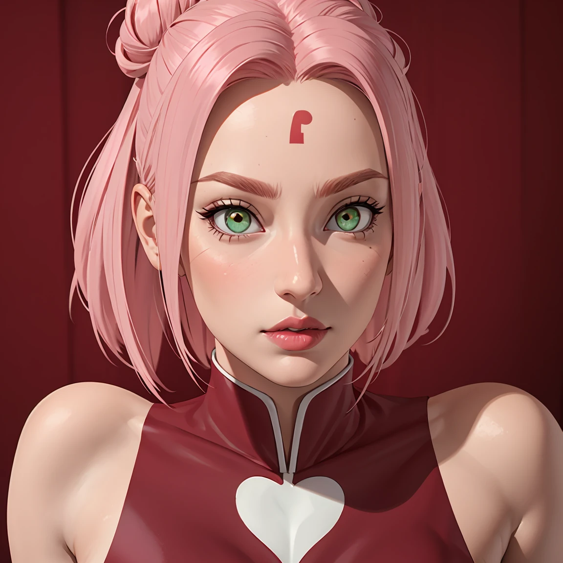 young woman, bubblegum pink hair tied in a bun, wide forehead, porcelain skin, pink eyebrows, emerald green eyes, upturned nose, thick pink lips, heart-shaped face, dark red clothes, Sakura Haruno, realism, well detailed, 3d