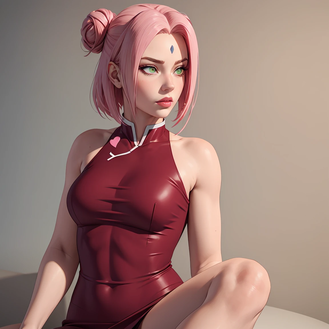 young woman, bubblegum pink hair tied in a bun, wide forehead, porcelain skin, pink eyebrows, emerald green eyes, upturned nose, thick pink lips, heart-shaped face, dark red clothes, Sakura Haruno, realism, well detailed, 3d
