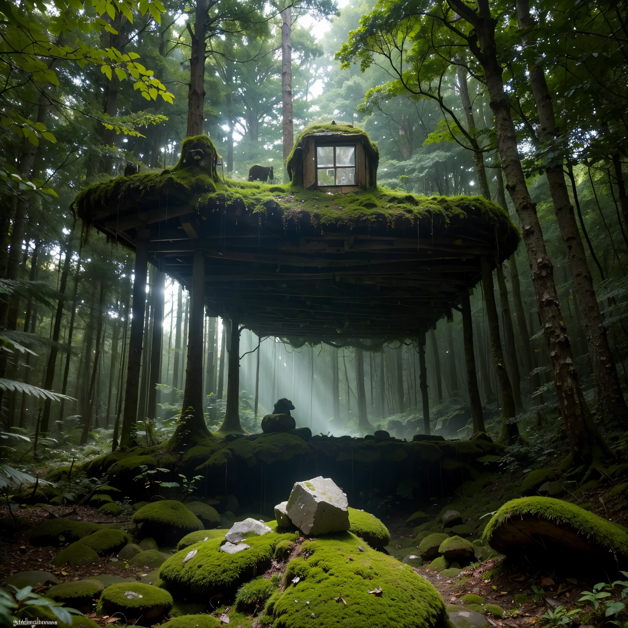 An ancient stone cube, with an irregular surface covered in moss and lichen, lies at the center of a dense and shadowy forest.
Faint rays of sunlight filter through the leaves of the trees, creating patches of light on the ground and the cube.
The light is dim and twilight, creating an atmosphere of mystery and suspense.
The forest vegetation is lush and varied, with ferns, mushrooms, and ivy climbing up the tree trunks. The absence of animals accentuates the unreal silence that reigns in the scene.
The lid of the cube is tightly closed, hiding the secrets it holds within.