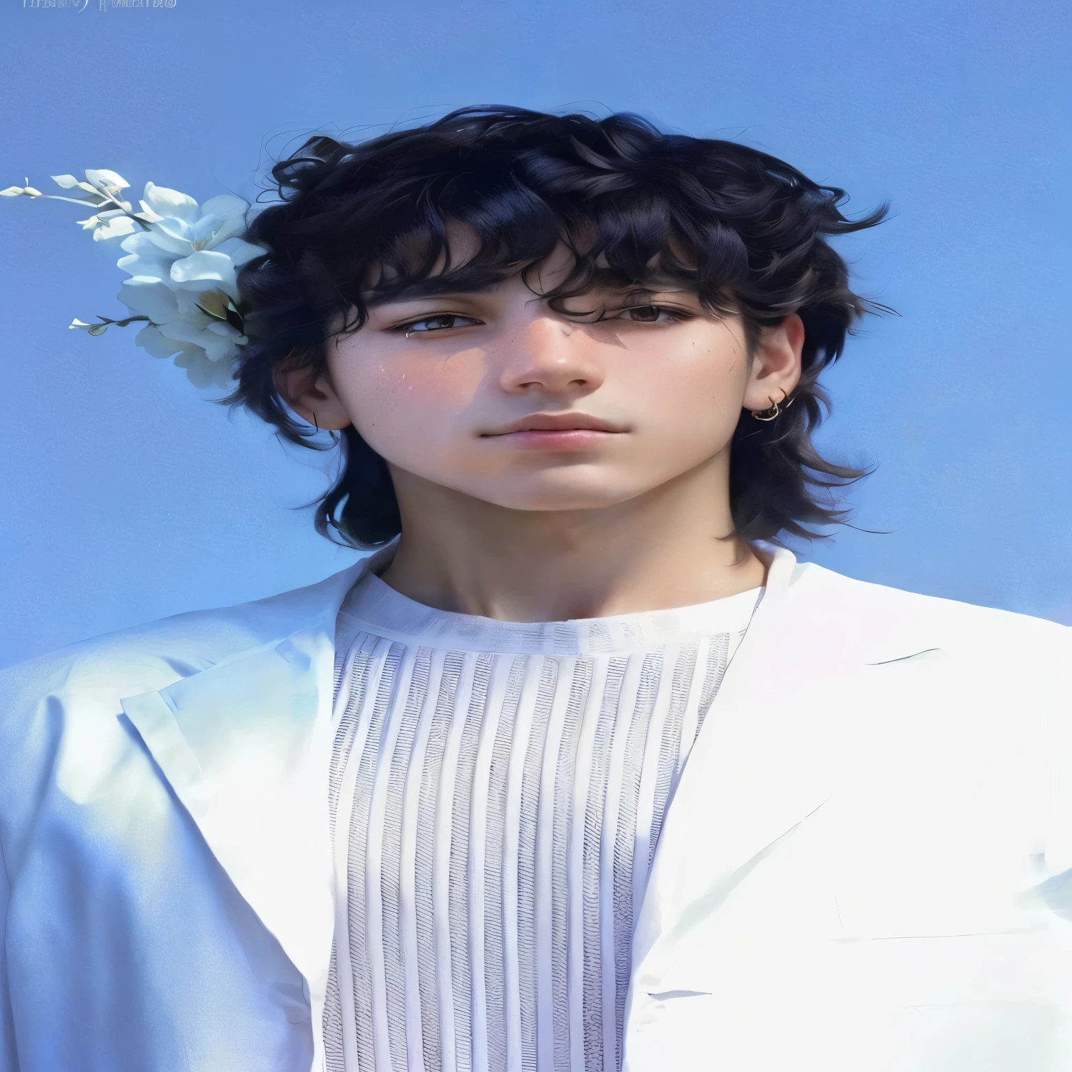 a closeup of a person wearing a white greek tunic and a flower in her hair, alas y un arco en mano, jungkook, hermoso joven, cabello rubio y rizado 