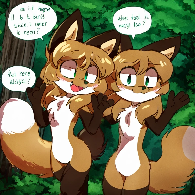 Nervous smiling, uploaded the e621, beautiful and detailed, woman (((female))) ((anthro)) Fox, (Averi, Fox girl), cinematic lighting, Fox, (anthro, fluffy fur, character focus:1.1), anthro fox girl, body fur, curvy, sexy, nice, cute, hot, comfortable anime-style cartoon-style, digital drawing, fully open eyes, SFW, flat chest, green eyes, speech bubble, multiple speech bubbles, mid air, leaning backwards, looking happy, waving, one leg up, floating mid air, floating, flying, 2 girls, forest