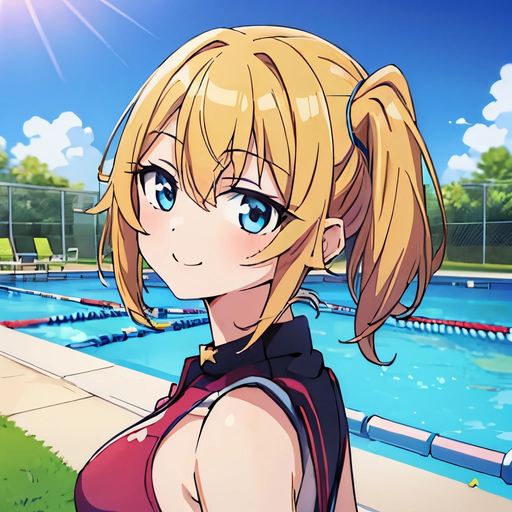 ((masterpiece)), ((best quality)), (ultra-detailed), anime style, pool, a cute girl, 1girl, solo, ((beautiful eyes)), smile, bikini00,