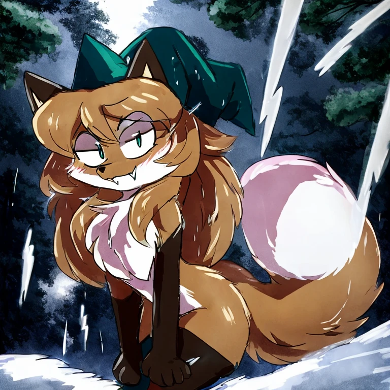 uploaded the e621, beautiful and detailed, woman (((female))) ((anthro)) Fox, (Averi, Fox girl), cinematic lighting, Fox, (anthro, fluffy fur), anthro fox girl, body fur, curvy, sexy, nice, cute, hot, comfortable anime-style cartoon-style, digital drawing, SFW, flat chest, green eyes, nervous smile, sassy, sassy hips, smug, fangs, looking at viewer, forest, night, tree, lightning, tilted head, leaning sideways, wizard hat, striped thigh highs, holding ice projectile in hand, ice projectile, ice magic, raining, rain, wet fur