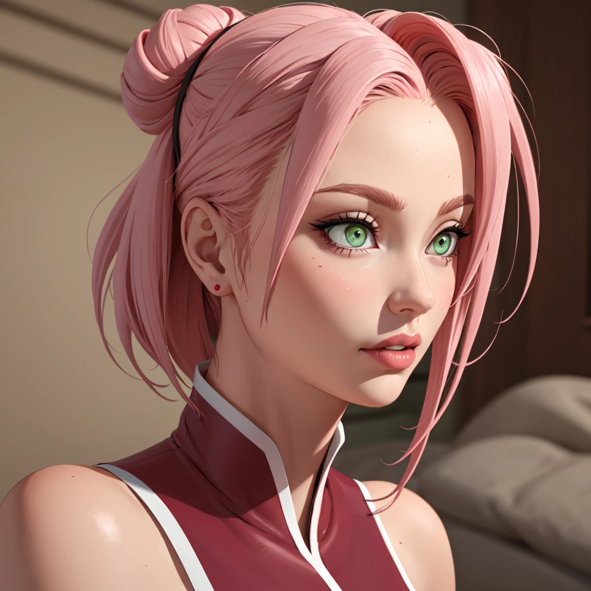 young woman, bubblegum pink hair tied in a bun, wide forehead, porcelain skin, pink eyebrows, emerald green eyes, upturned nose, thick pink lips, heart-shaped face, dark red clothes, Sakura Haruno, realism, well detailed, 3d
