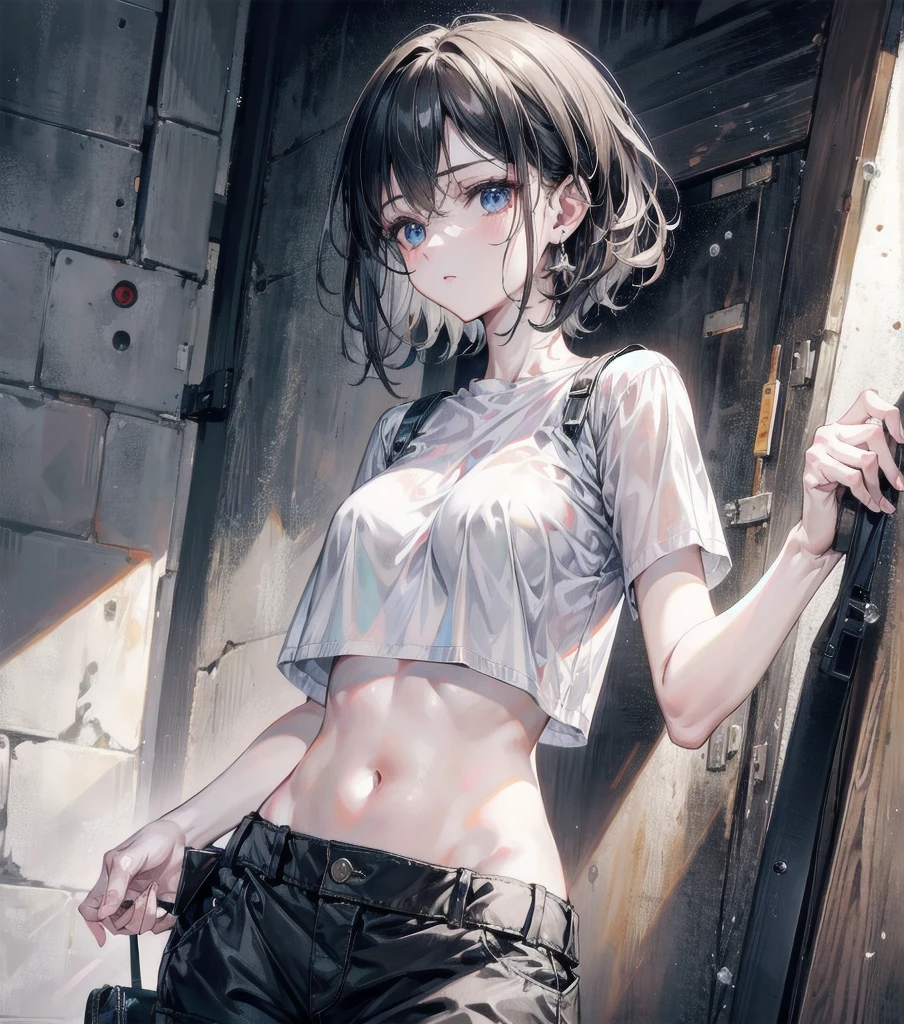 cargo pants, shorts, Crop top, solo, absurdres, RAW photo, extremely delicate and beautiful, masterpiece, Best Quality, ultra high resolution, 32k, hyperrealistic, ultra-detailed, detailed description, perfect anatomy, pale skin, 20 years old, detailed beautiful face and eyes, tearful mole, earring, short medium hair, wavy hair, medium tits,