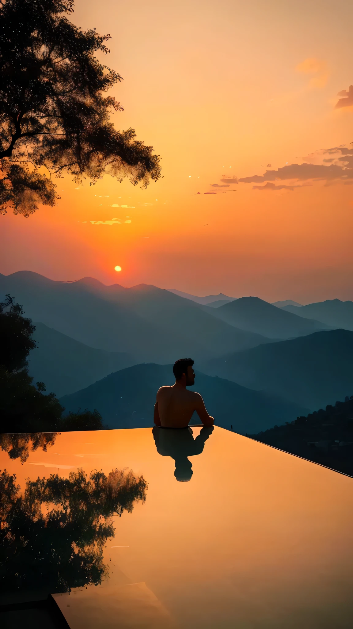 Arav man sitting by the swimming pool,Overlooking the mountains at sunset, Watching the sunset, Watch the sunset, Watching the sunset, Sunset Landscape, Sitting by the pool, with sunset, Infinity pool, Look at the sunset, Primetime, Relaxation time. beautiful landscape, be in nature, With the sunset, at a beautiful sunset