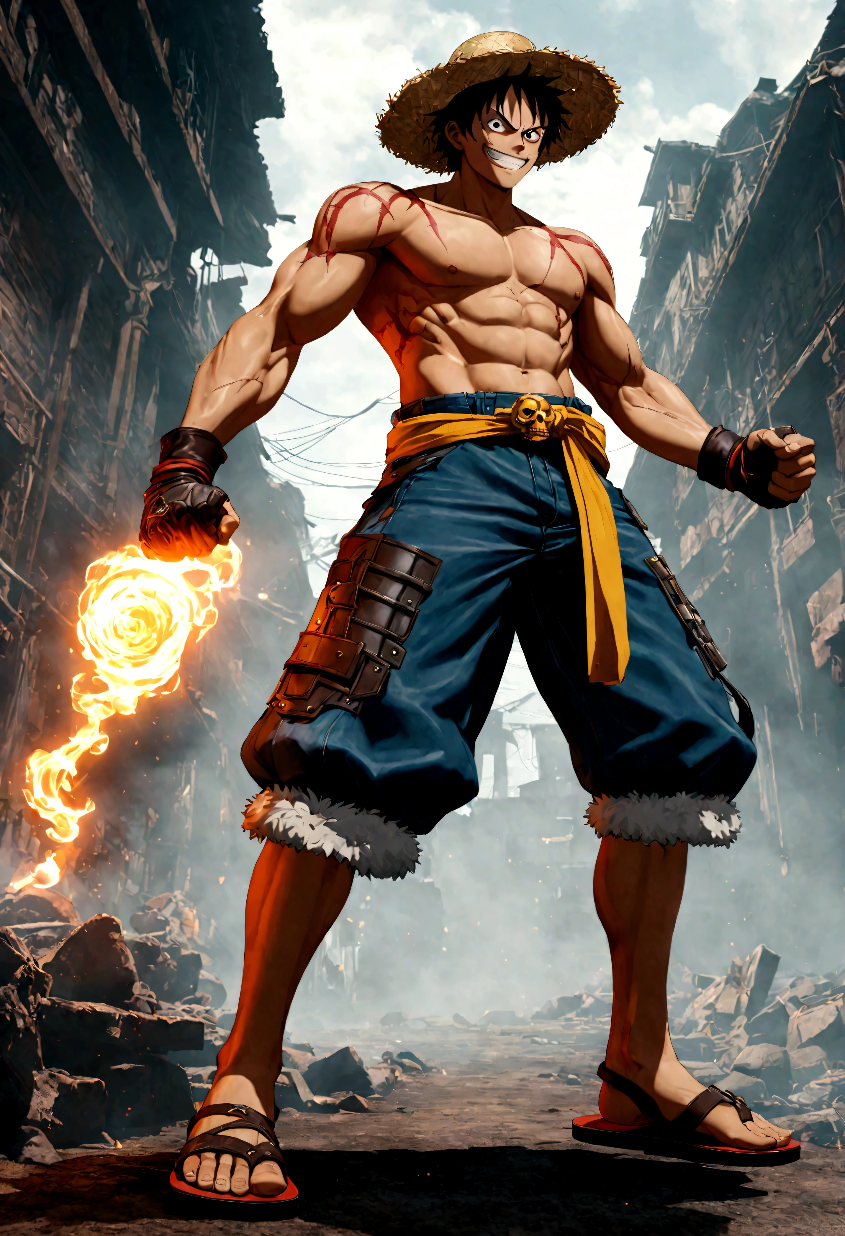 Full body shot,Monkey D. Luffy,Gear fourth,black hair,armor,dark skin,an evil grin on his face,eyes glow blue, wearing a pair of huge gloves and holding a fist,dynamic pose,smile,male focus,shorts,teeth,grin,scar,sandals,(straw hat:1.1),stitches,skeleton,bone,scar on chest,well-developed muscles, pectoral and abdominal muscles,grey mist swirling around him,swirling smoke effects on a smoke background,high resolution with high contrast, cinematic lighting, vibrant colors, sharp focus and high detail.,unreal engine 5,panorama,Full body,Cyberpunk,Kodak Ektachrome E100,Kodak Portra 160,Kodak Ektar 100,Kodak Portra 400,Iconic character splash art
