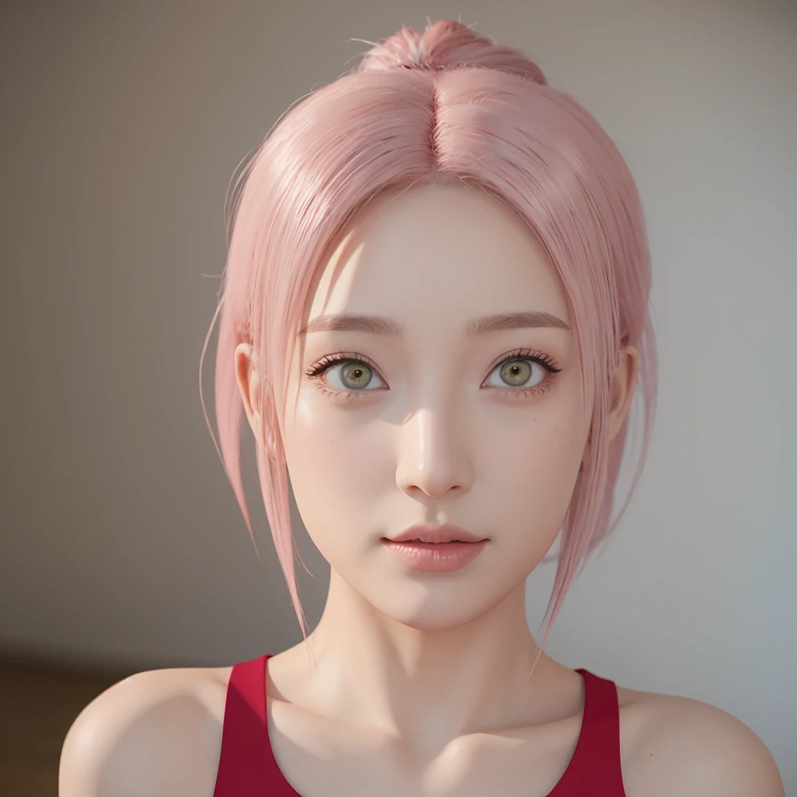 young woman, bubblegum pink hair tied in a bun, wide forehead, porcelain skin, pink eyebrows, emerald green eyes, upturned nose, thick pink lips, heart-shaped face, dark red clothes, Sakura Haruno, realism, well detailed, 3d