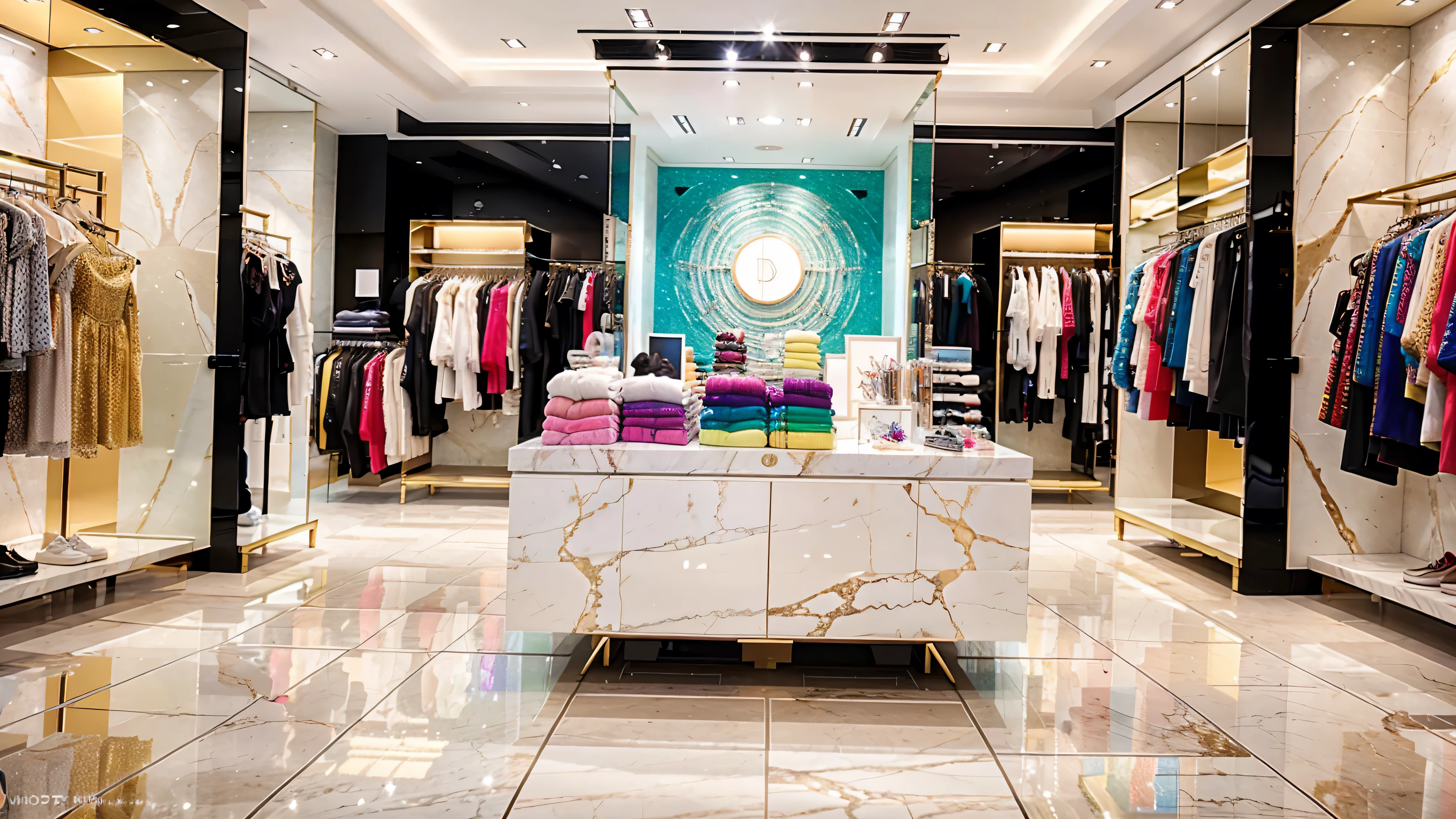 shopping in a modern clothing store, white marble floors, vibrant colors, bright lighting, high ceilings, (best quality,4k,8k,highres,masterpiece:1.2),ultra-detailed,(realistic,photorealistic,photo-realistic:1.37),HDR,UHD,studio lighting,ultra-fine painting,sharp focus,physically-based rendering,extreme detail description,professional,vivid colors,bokeh,interior,shopping,fashion,modern,elegant,luxury,lifestyle