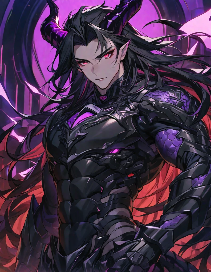 One, handsome, 1 man, with a sporty body, V-shaped body, black detailed armor with glowing purple details, black demonic horns, long hair, black hair, purple with red tones of reptile eyes, purple threads, black light