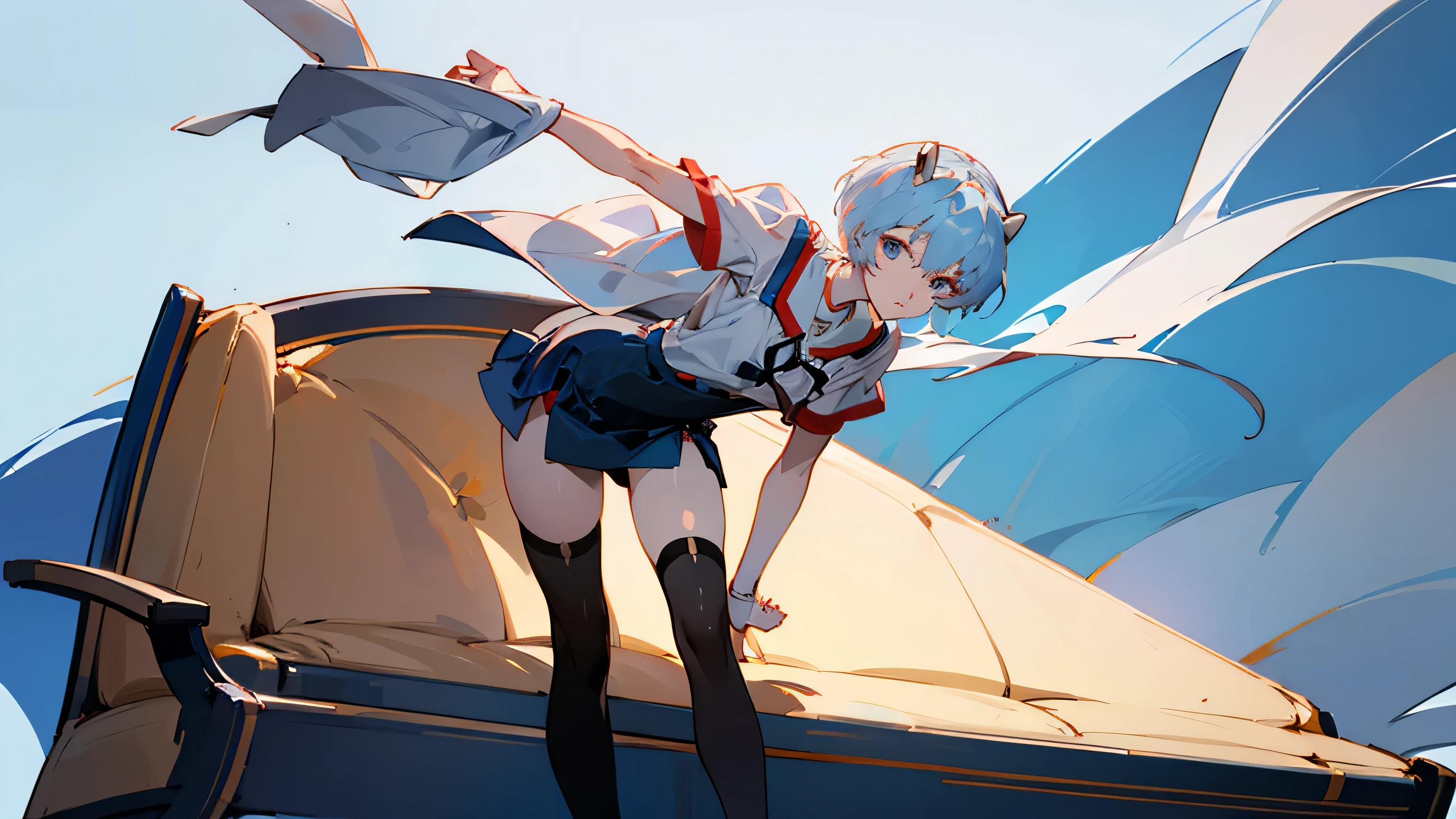 Rei Ayanami sentada en una banca en el aire libre, in black stockings and short skirt on a blue background posing for the camera