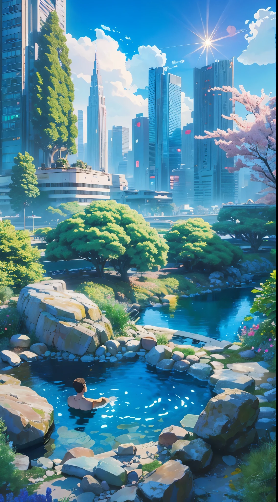 A beautiful anime city, intricate detailed architecture, futuristic skyscrapers, neon lights, floating islands, cherry blossom trees, anime-style characters, detailed facial features, expressive eyes, colorful cyberpunk, moody atmospheric lighting, (best quality,4k,8k,highres,masterpiece:1.2),ultra-detailed,(realistic,photorealistic,photo-realistic:1.37),vivid colors,cinematic composition