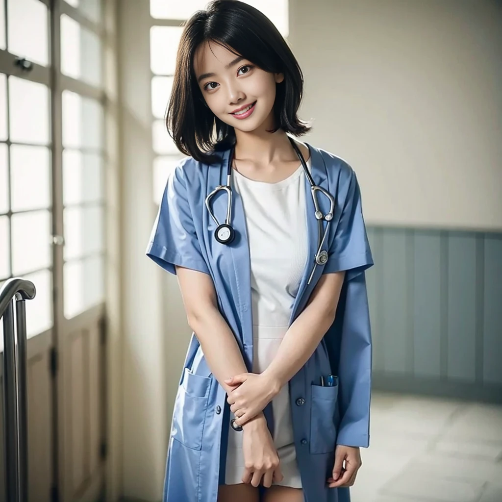 NSFW,highest quality,excellent details,ultra high resolution,1 girl, 17 years old,perfect smile,teeth,Big eyes,Draw faces in detail,bob hair,looking at camera, actress,blue medical uniform,Stethoscope,hospital hallway,waist