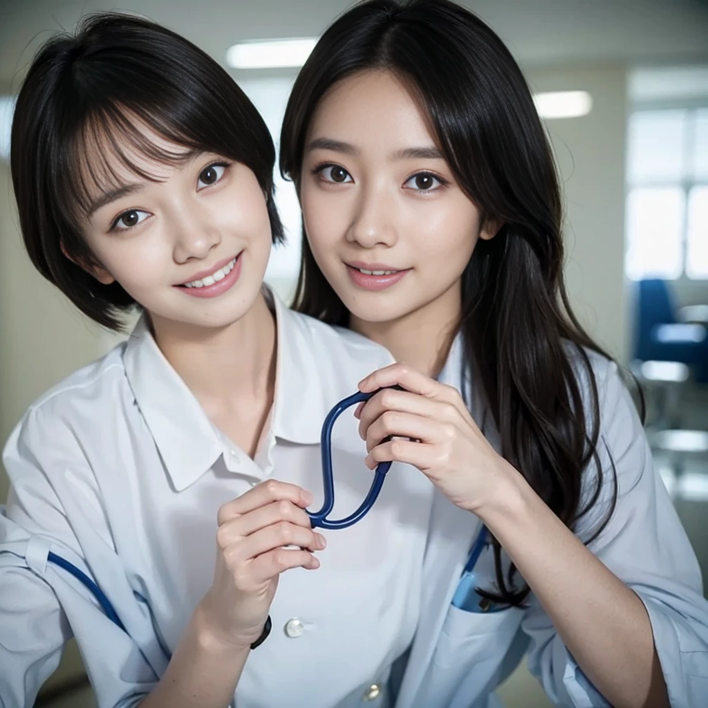 All dental hygienists wear black medical scrubs Short sleeves, Japanese, black hair, two women in their early 20s Upper body close-up smile Shooting outside Harmony々 Black Everyone wears the same clothes