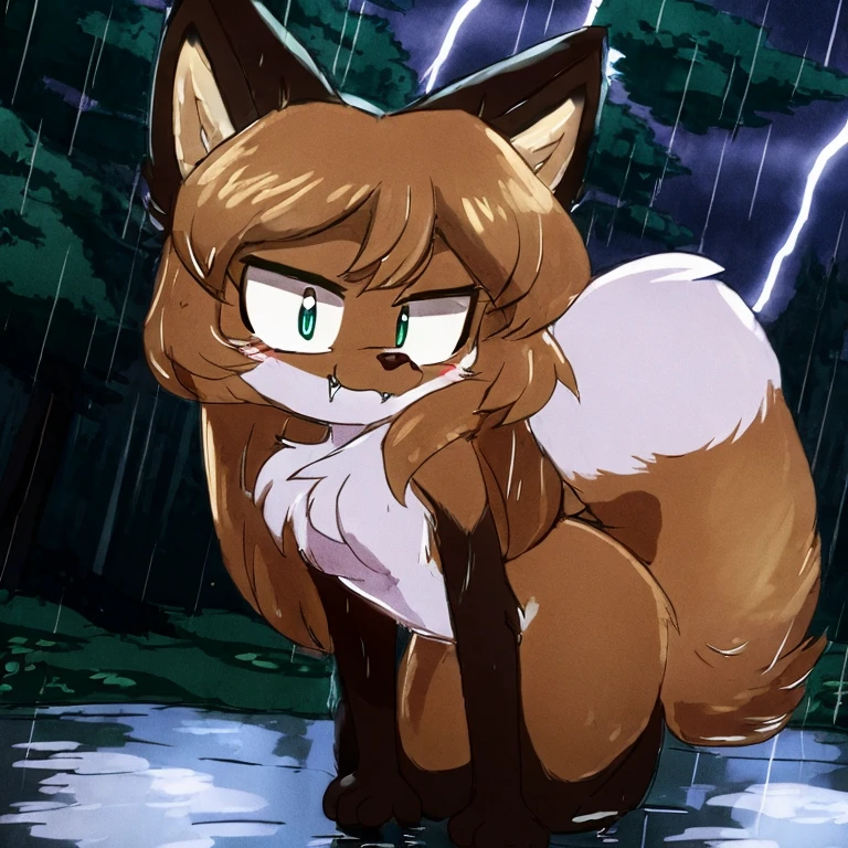 uploaded the e621, beautiful and detailed, woman (((female))) ((anthro)) Fox, (Averi, Fox girl), cinematic lighting, Fox, (anthro, fluffy fur), anthro fox girl, body fur, curvy, sexy, nice, cute, hot, comfortable anime-style cartoon-style, digital drawing, SFW, flat chest, green eyes, nervous smile, sassy, sassy hips, smug, fangs, looking at viewer, forest, night, tree, lightning, tilted head, leaning sideways, raining, rain, wet fur