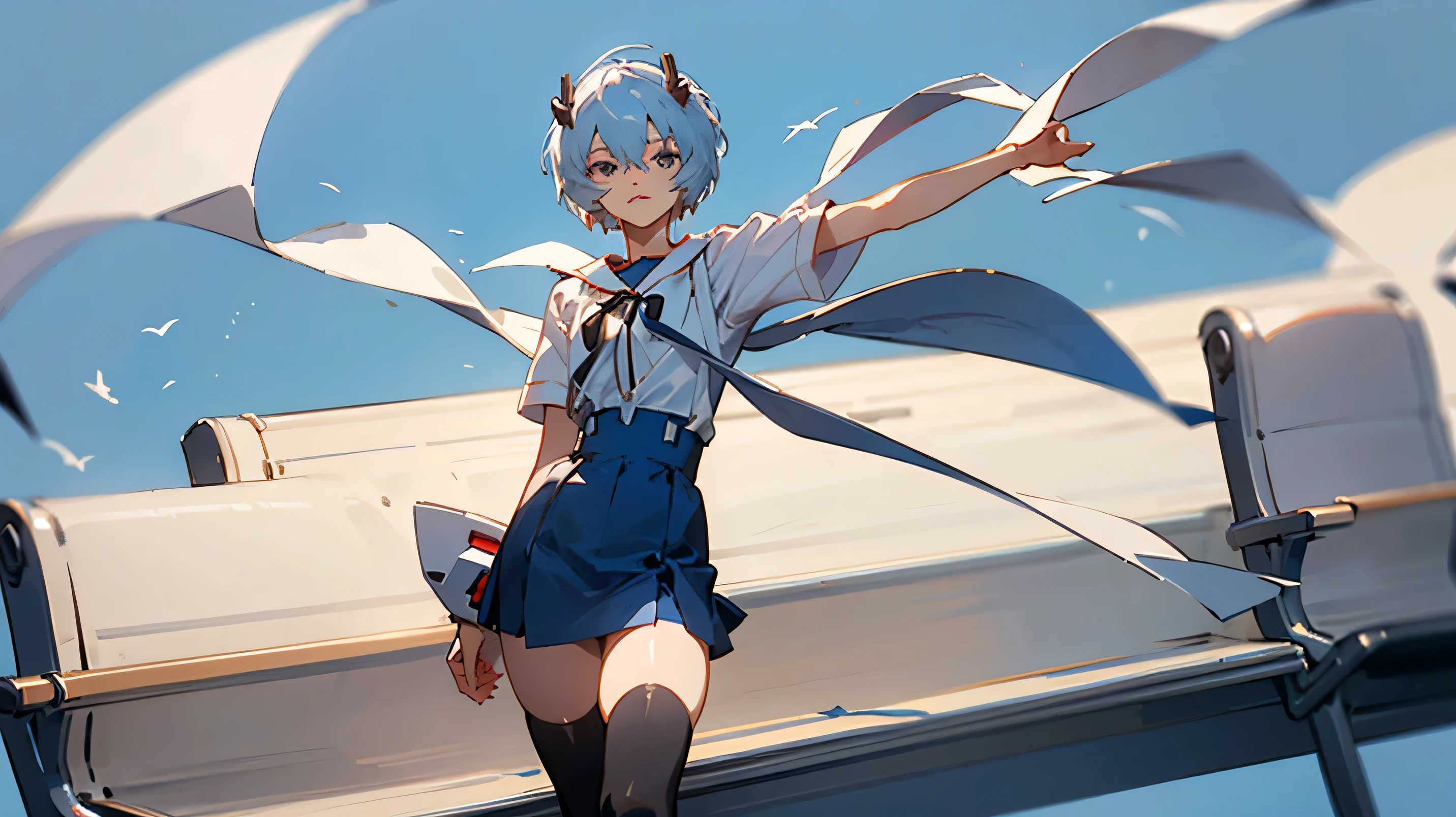 Rei Ayanami sentada en una banca en el aire libre, in black stockings and short skirt on a blue background posing for the camera