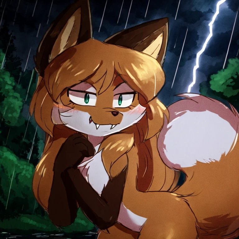 uploaded the e621, beautiful and detailed, woman (((female))) ((anthro)) Fox, (Averi, Fox girl), cinematic lighting, Fox, (anthro, fluffy fur), anthro fox girl, body fur, curvy, sexy, nice, cute, hot, comfortable anime-style cartoon-style, digital drawing, SFW, flat chest, green eyes, nervous smile, sassy, sassy hips, smug, fangs, looking at viewer, forest, night, tree, lightning, tilted head, leaning sideways, raining, rain, wet fur