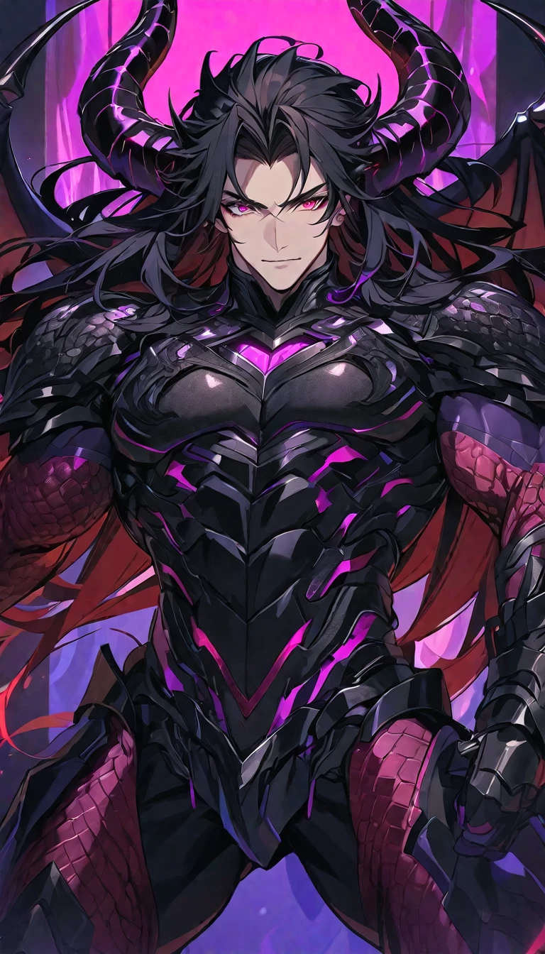 One, handsome, 1 man, with a sporty body, V-shaped body, black detailed armor with glowing purple details, black demonic horns, long hair, black hair, purple with red tones of reptile eyes, purple threads, black light