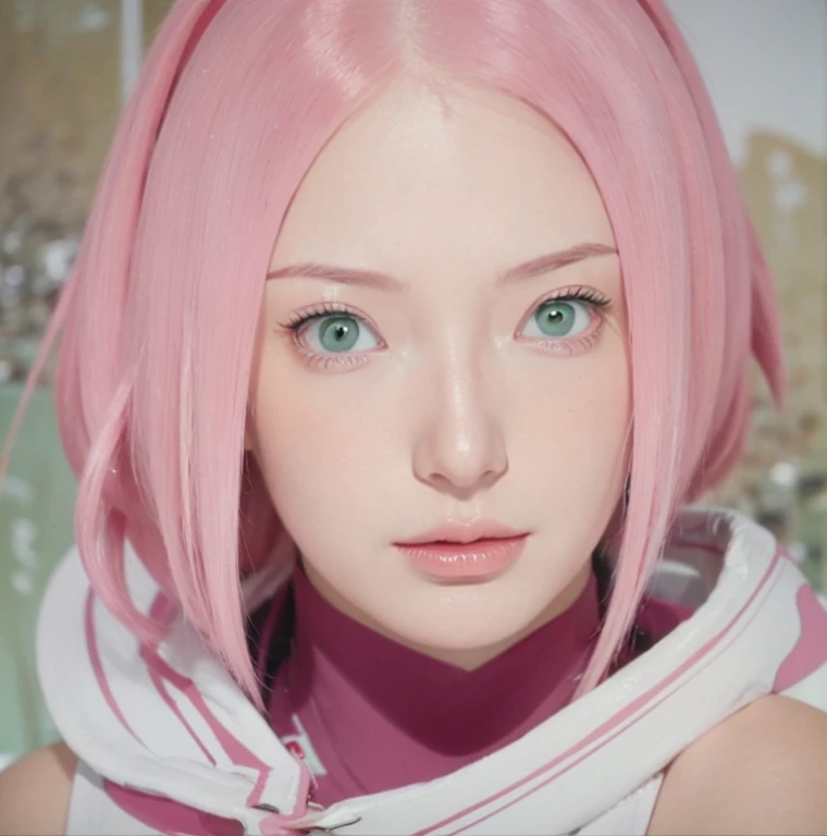 young woman, bubblegum pink hair tied in a bun, wide forehead, porcelain skin, pink eyebrows, emerald green eyes, upturned nose, thick pink lips, heart-shaped face, dark red clothes, Sakura Haruno, realism, well detailed, 3d
