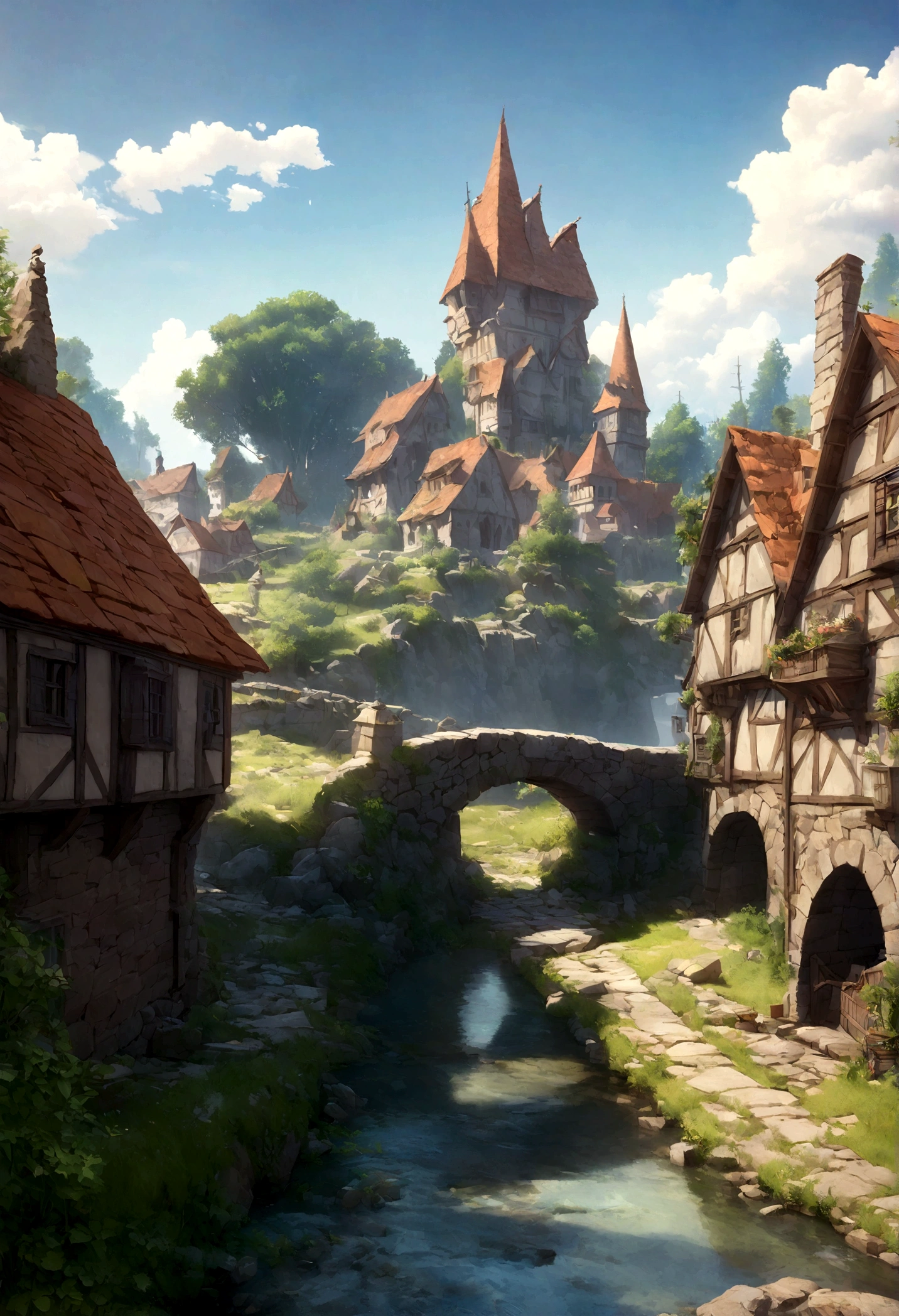 A highly detailed anime illustration,
landscape with a medieval house, a river with a bridge made of stones, some trees,
vintage, dreamy, drawing, trending on artstation, UHD, (((by Quentin de Warren))):1.8, atmosphere, luminosity