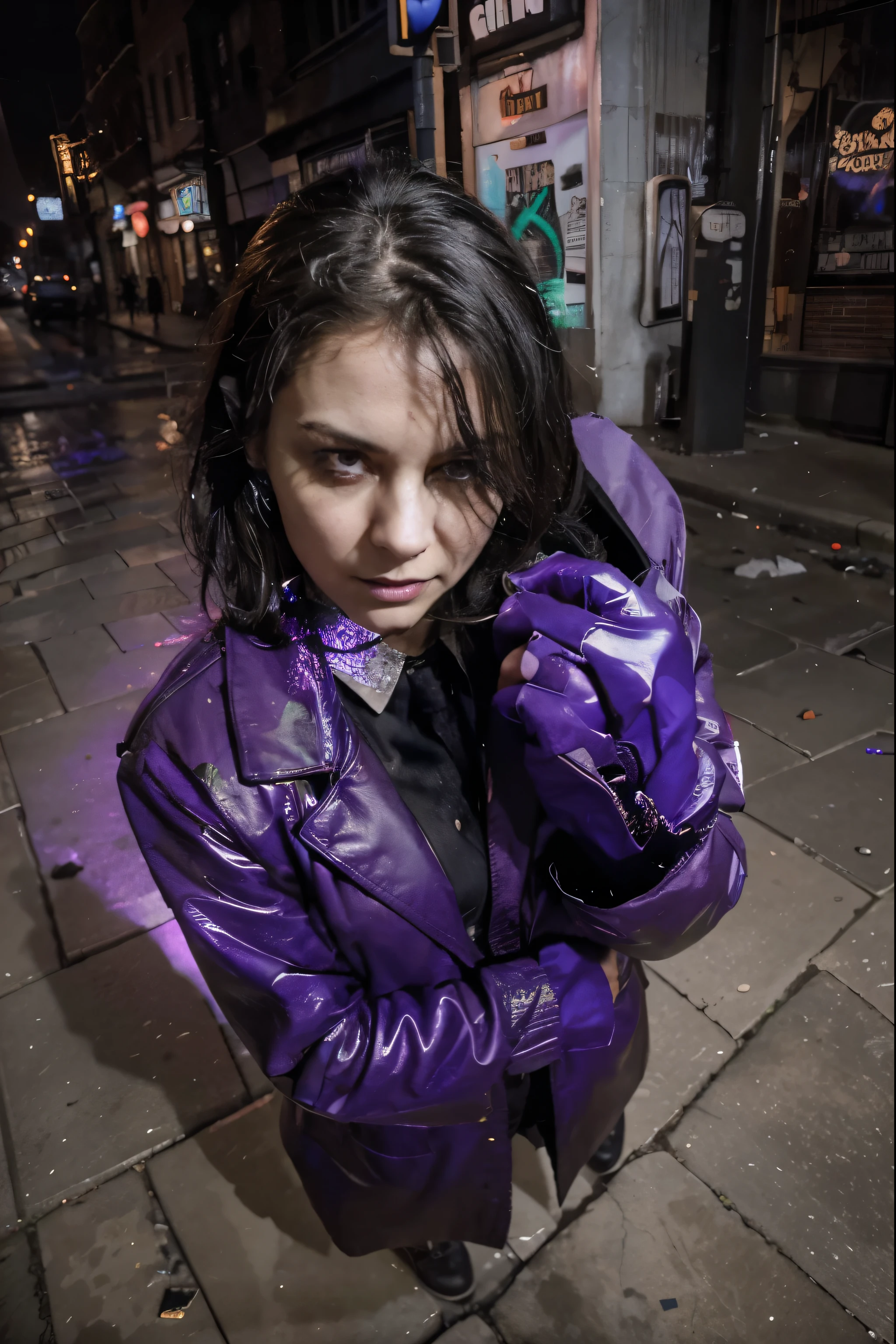 (Best quality, 8k, 32k, Masterpiece, UHD:1.2) (Best quality, 8k, 32k, Masterpiece, UHD:1.2) "Transform the scene into the iconic, dark urban landscape of Gotham City from The Dark Knight movies and DC Comics. Imagine a cold, deserted street, illuminated by the dim glow of streetlights that cast long, eerie shadows on the pavement. The sky above is overcast, with heavy clouds obscuring the moon, adding to the sense of foreboding.
The buildings lining the street are tall and imposing, constructed in a mix of Gothic and modern architectural styles. Their facades are a mix of grimy brick, aged stone, and reflective glass, each telling a story of a city worn by time and crime. Neon signs flicker intermittently, casting sporadic, colorful glows onto the street below, hinting at the city's once-vibrant nightlife.
Puddles from a recent rain reflect the city lights, creating a shimmering, almost surreal effect on the ground. The street itself is littered with debris—discarded newspapers, broken glass, and remnants of a society constantly on edge. Graffiti covers the walls, showcasing the city's underlying unrest and the ever-present influence of its criminal underworld.
The distant sound of sirens can be faintly heard, echoing through the empty streets, a reminder of the constant battle between order and chaos that defines Gotham. Shadows loom large, with dark alleys branching off the main street, each one a potential hideout for the city's infamous rogues.
Capture the essence of Gotham City by emphasizing its dark, gritty atmosphere, the stark contrast between the towering buildings and the empty street, and the pervasive sense of unease and tension. The scene should evoke the relentless, brooding spirit of Gotham, where danger lurks around every corner, even in the silence of an abandoned street."
