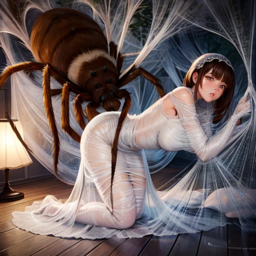 1girl,Spider weaving a net on the girl,réalism:1.2,ultra-detailed,bedroom setting,stretched pose,struggling in the net,brown haired,very long sheer skirt,oaken floor,soft sunlight,delicate spider silk,lace curtains,bedside table,decorative pillows, spider web