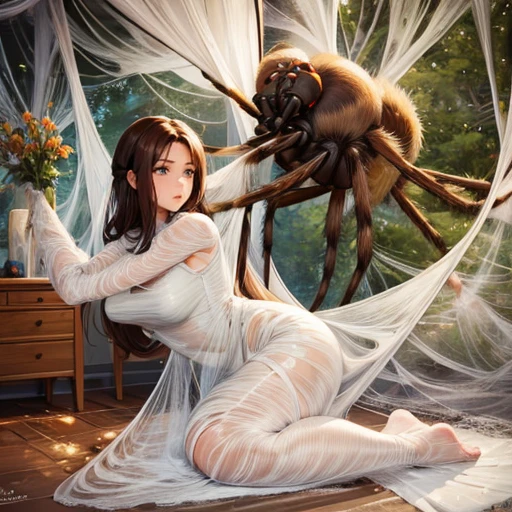 1girl,Spider weaving a net on the girl,réalism:1.2,ultra-detailed,bedroom setting,stretched pose,struggling in the net,brown haired,very long sheer skirt,oaken floor,soft sunlight,delicate spider silk,lace curtains,bedside table,decorative pillows, spider web