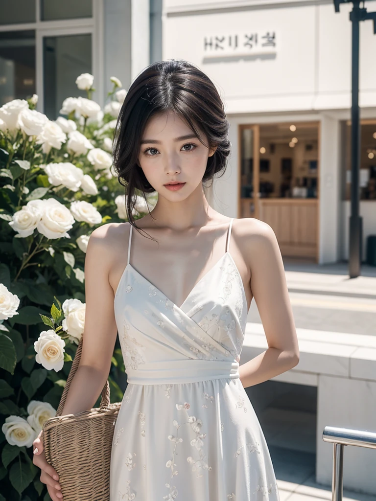 A beautiful Korean girl, detailed realistic face, longeyes, small nose, full lips, shoulder-length black hair, standing in a hypermarket, wearing an above knee-length white floral dress, holding a shopping basket, natural lighting, highly detailed, photorealistic, 8k, (best quality, masterpiece:1.2), ultra-detailed, (realistic:1.37), detailed description, vivid colors, HDR, studio lighting, professional