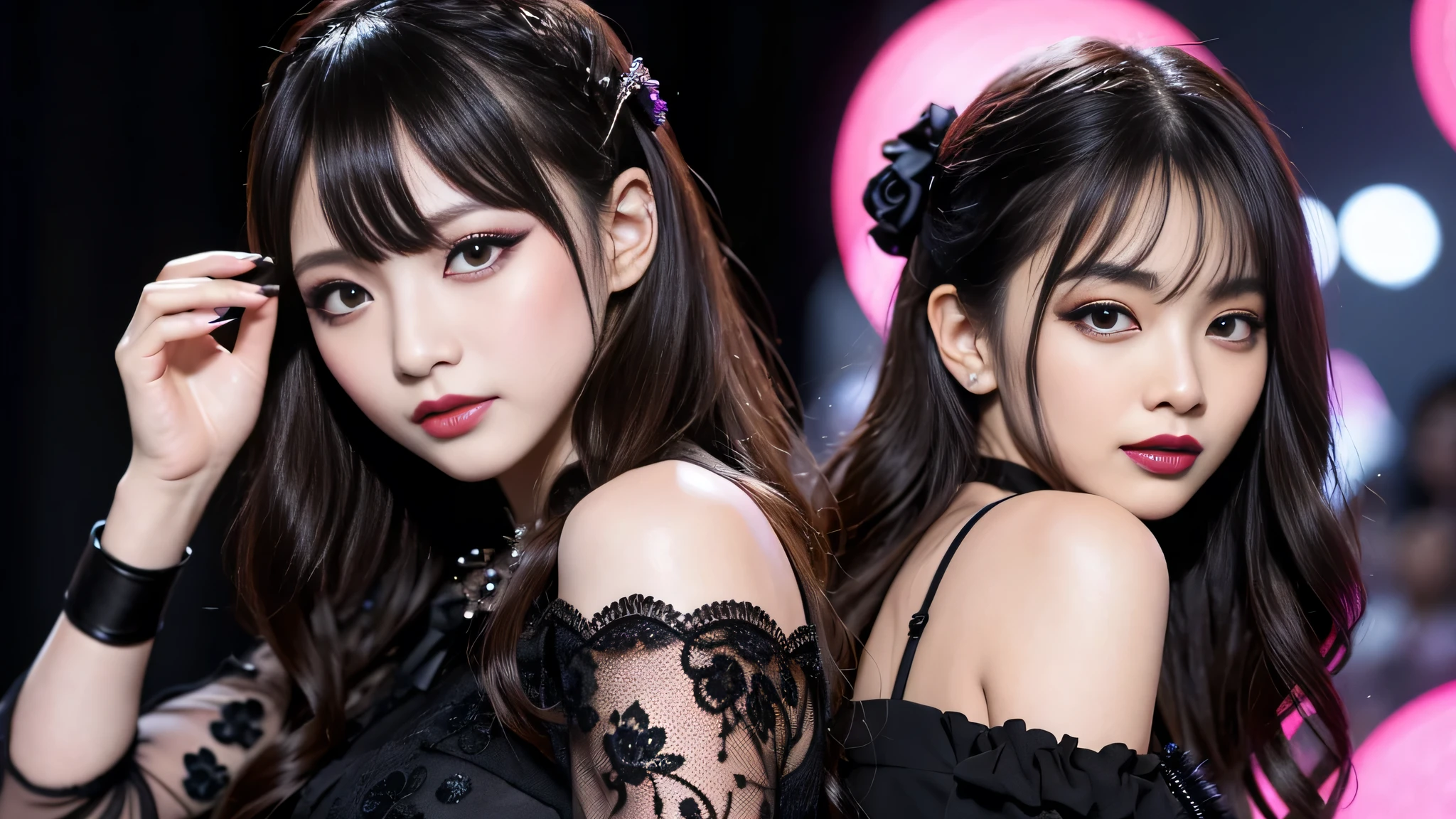 best quality、ultra-detailed、8k、Japanese、Japanese、Seductive beauty、seductive adult woman、Pretty Woman、cool girl、Villainess、brainwash makeup、Brainwashed、brainwash、Fallen into evil、smirk、Evil look、Wicked Smile、evil、Brown hair、wavy hair、swept bangs、dark makeup、dark makeup、piercing eyes、hollow eyes,half-closed eyes、Hollow Eyes、purple Eyeshadow、black lipstick、black lipglos、Lace fabric、black party dress、Wide sleeves、flare skirt、night、inside darkroom、Are standing、Look、Offer、shoot from below、Make up、Hold a small makeup brush、Swear allegiance、I have pledged my allegiance、Seduce、Evil female executive、Female Combatant