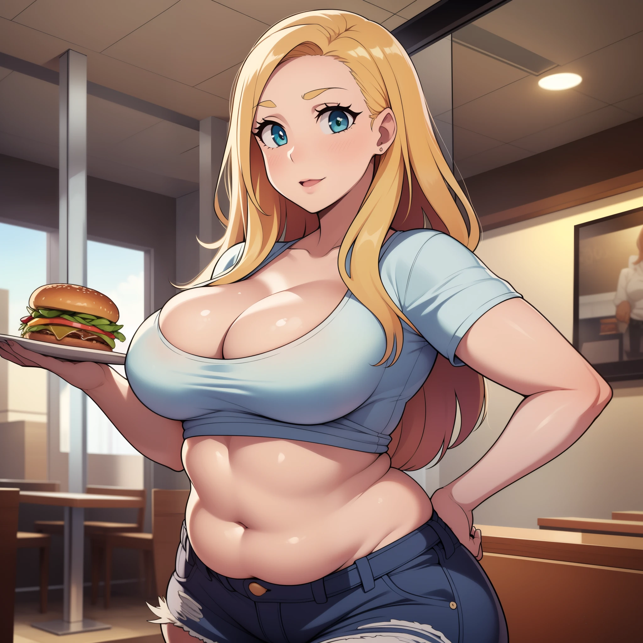 ((highres)), Masterpiece, high quality, best quality, beautiful, perfect lighting, detailed face, ultra cute face, ((2girls)), one girl has blonde hair, blue eyes, crop top and shorts skindentation, one girl has brown hair, green eyes, jeans, white shirt, thighs clothes, full body, fast food restaurant, medium breasts, perky breasts, cleavage, ((wide hips)), ((thick thighs)), ass, ((chubby)), pudgy belly, fat folds, standing, (belly grab)