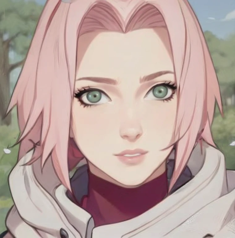 young woman, bubblegum pink hair tied in a bun, wide forehead, porcelain skin, pink eyebrows, emerald green eyes, upturned nose, thick pink lips, heart-shaped face, dark red clothes, Sakura Haruno, realism, well detailed, 3d
